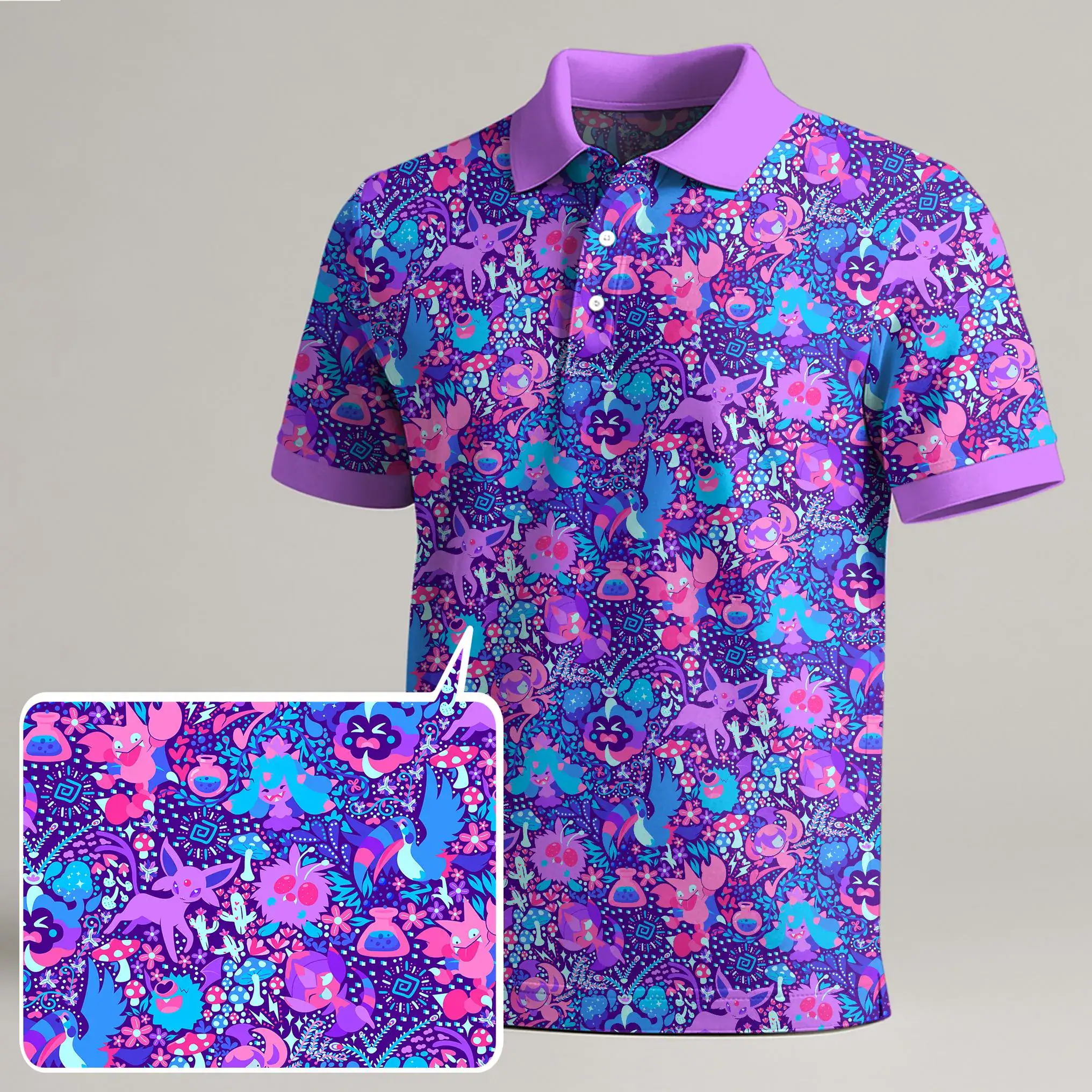 Espeon Cosmog Polo Shirt Cute Kawaii Cosmic Pattern Summer Polo Shirt Casual Unisex Breathable Gift Espeon Shirt Gifts