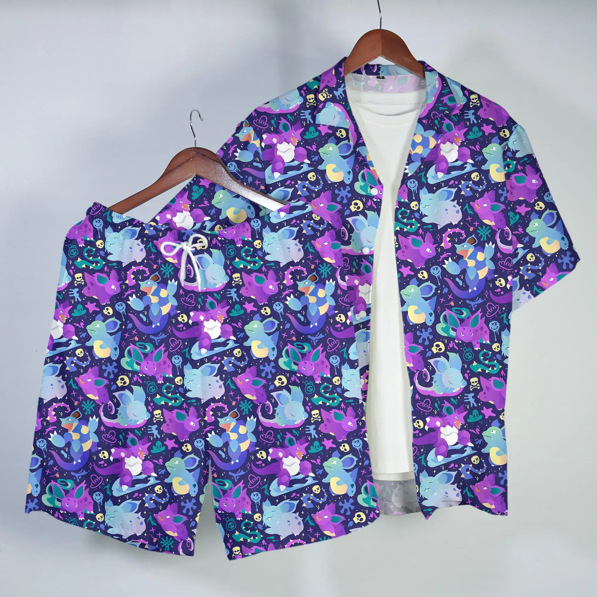 Nidoking Nidoran Hawaiian Shirt Cute Dark Pattern Button Up Shirt Summer Beach Short Matching Set Unisex Outfit Nidoking Shirt Gifts