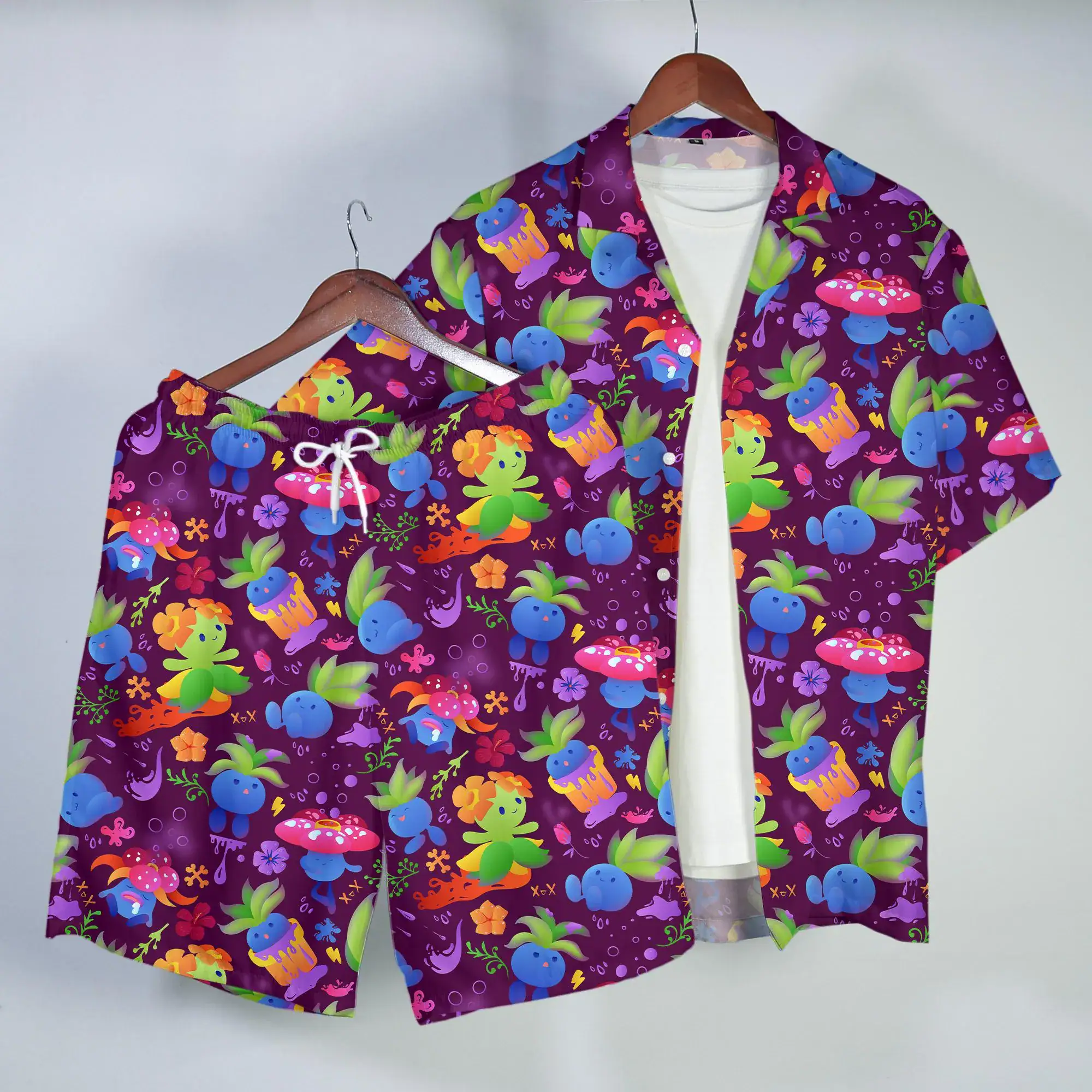Oddish Hawaiian Shirt Cute Plant Pattern Button Up Shirt Summer Beach Short Matching Set Unisex Outfit Oddish Shirt Gifts