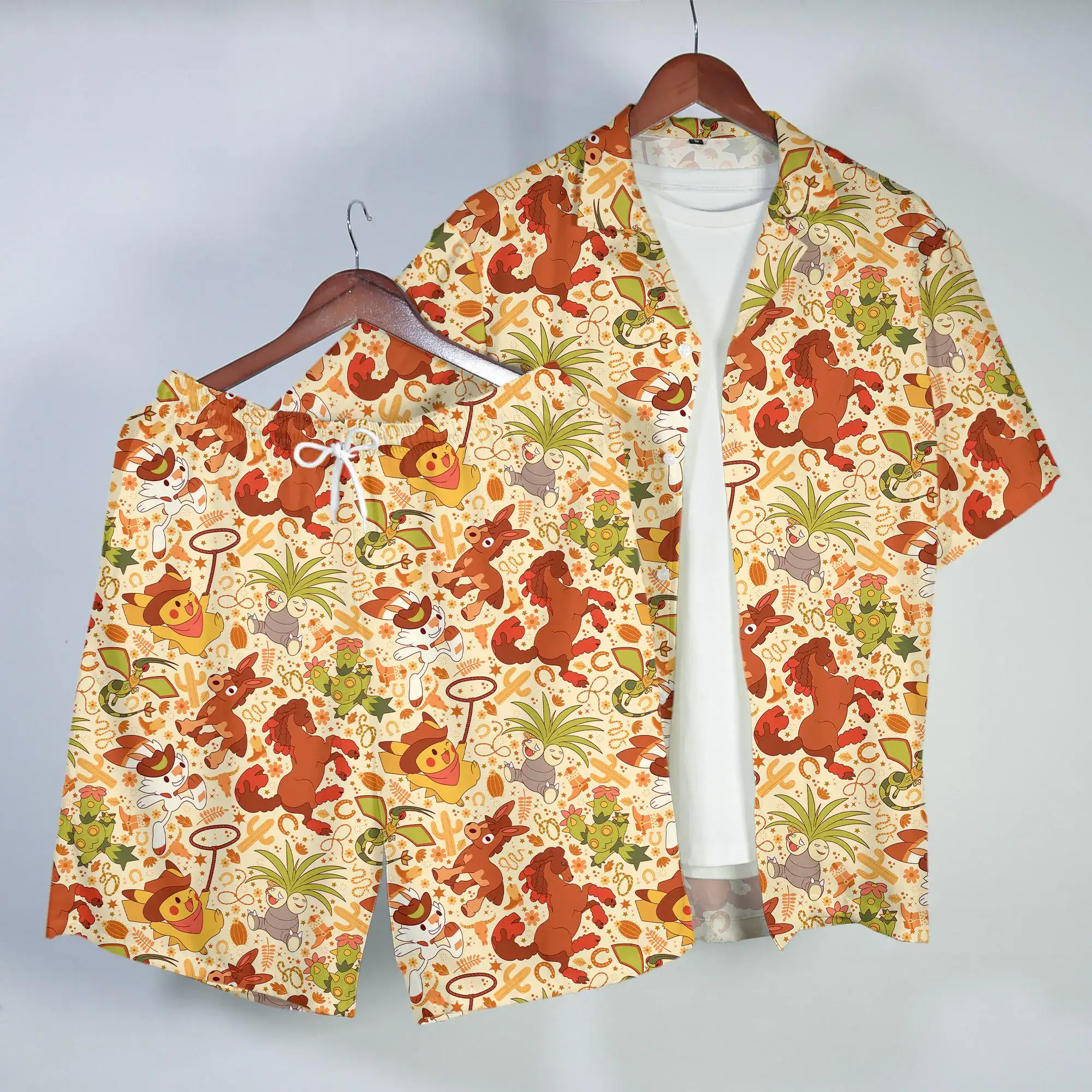 Pikachu Scorbunny Hawaiian Shirt Tropical Button Up Shirt Summer Beach Short Western Pattern Matching Set Unisex Outfit Pikachu Shirt Gifts