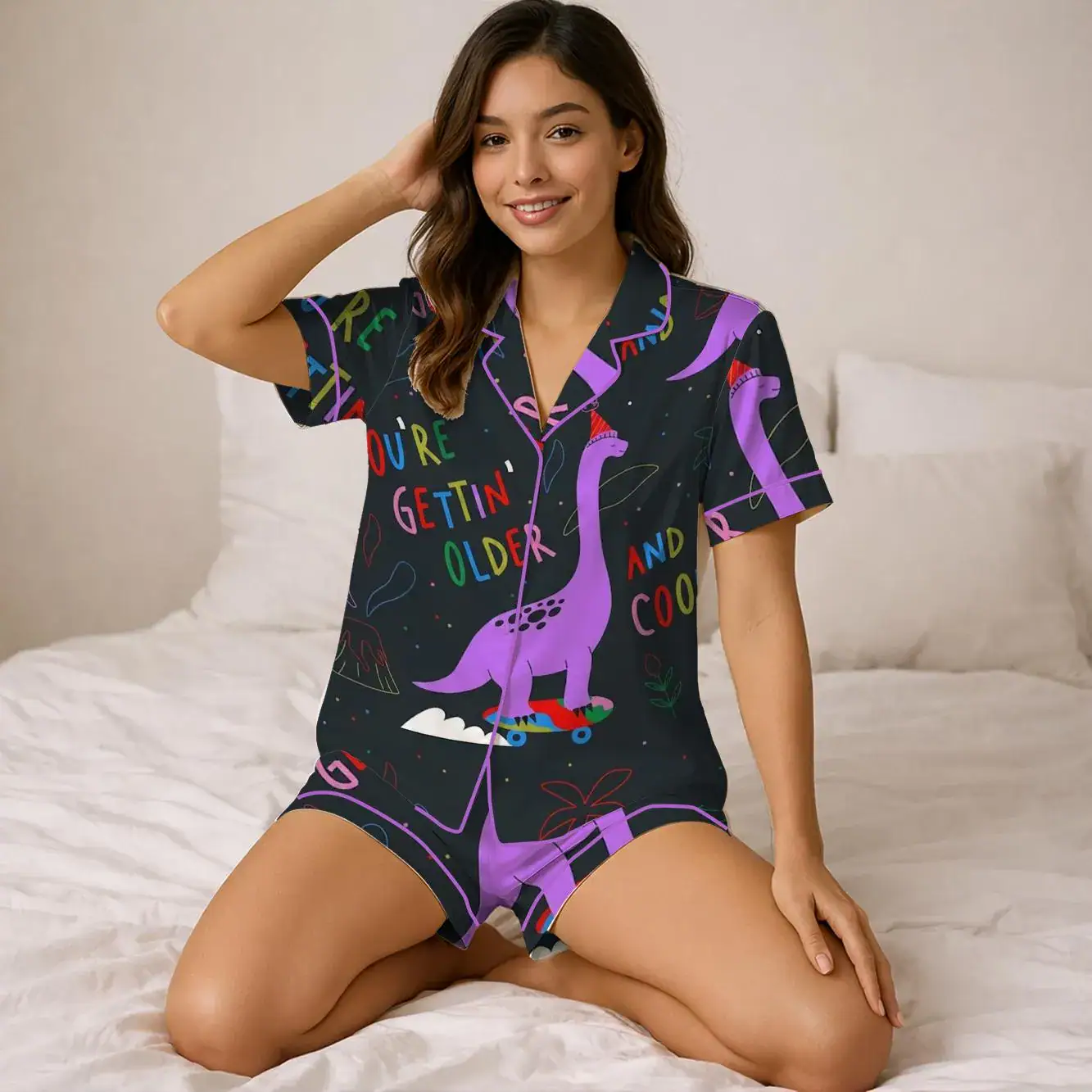 Funny Dinosaur Birthday Pajamas, We're Getting Older Sleepwear, Luxury Silk Purple Piping Loungewear, Birthday Gift for Her, Bestie, Kids