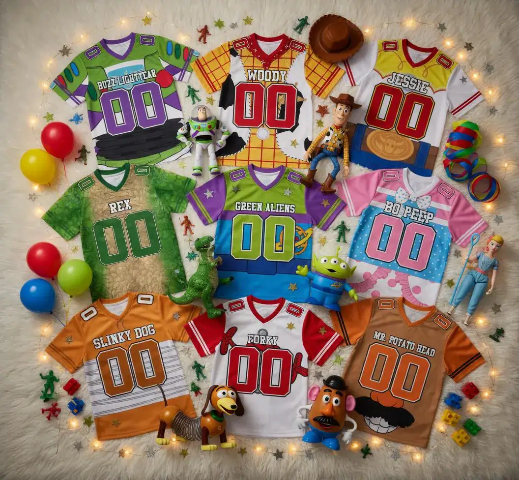 Toy Story Birthday Football Jersey, Custom Name Number Shirt, Buzz Woody Jessie Rex Alien Family Matching Birthday Squad Outfit, Y2k Jersey Toy Story Birthday Football Jersey, Custom Name Number Shirt, Buzz Woody Jessie Rex Alien Family Matching Birthday Squad Outfit, Y2k Jersey - Image 1