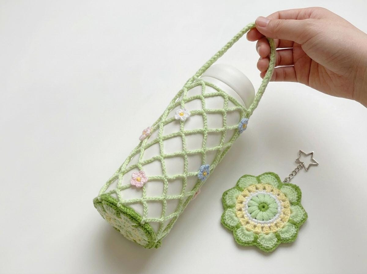il_fullxfull.7997855122_1umq.jpg Crochet Bottle Holder Pattern PDF, Flower Water Bottle Bag, Daisy Crochet Tote, Mesh Holder, Beginner Friendly, Instant Download - Image 1