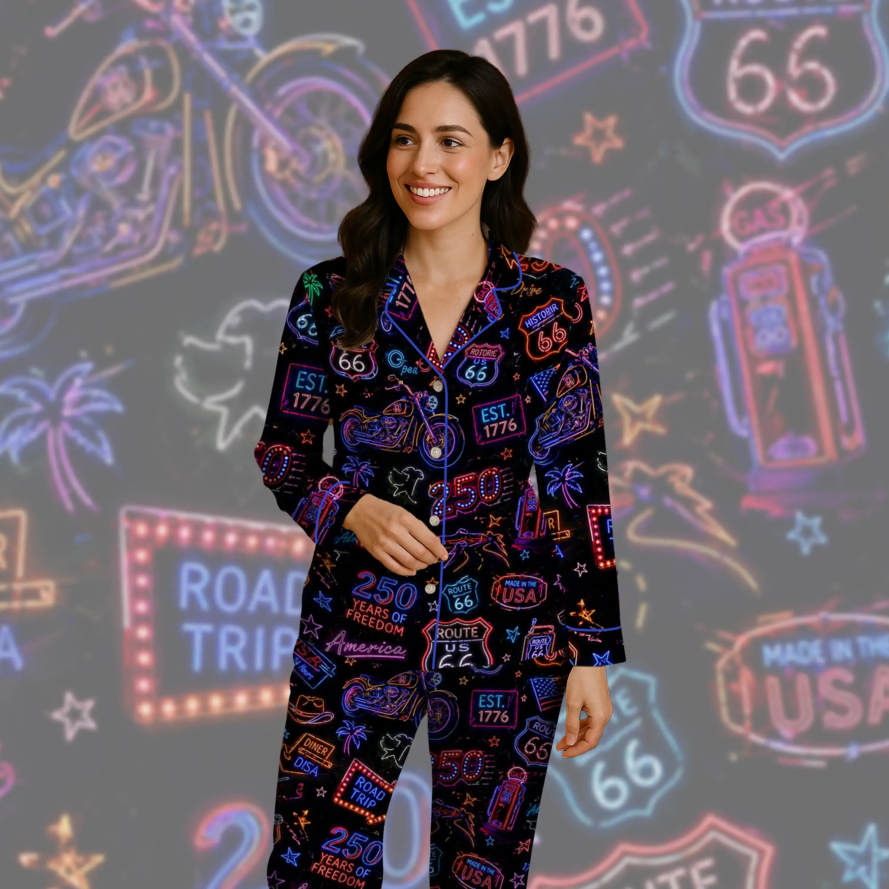 Patriotic Neon Route 66 Road Trip America 250th Anniversary Pajamas, Sleepwear, Independence Day Gift for Women, Kids PJS