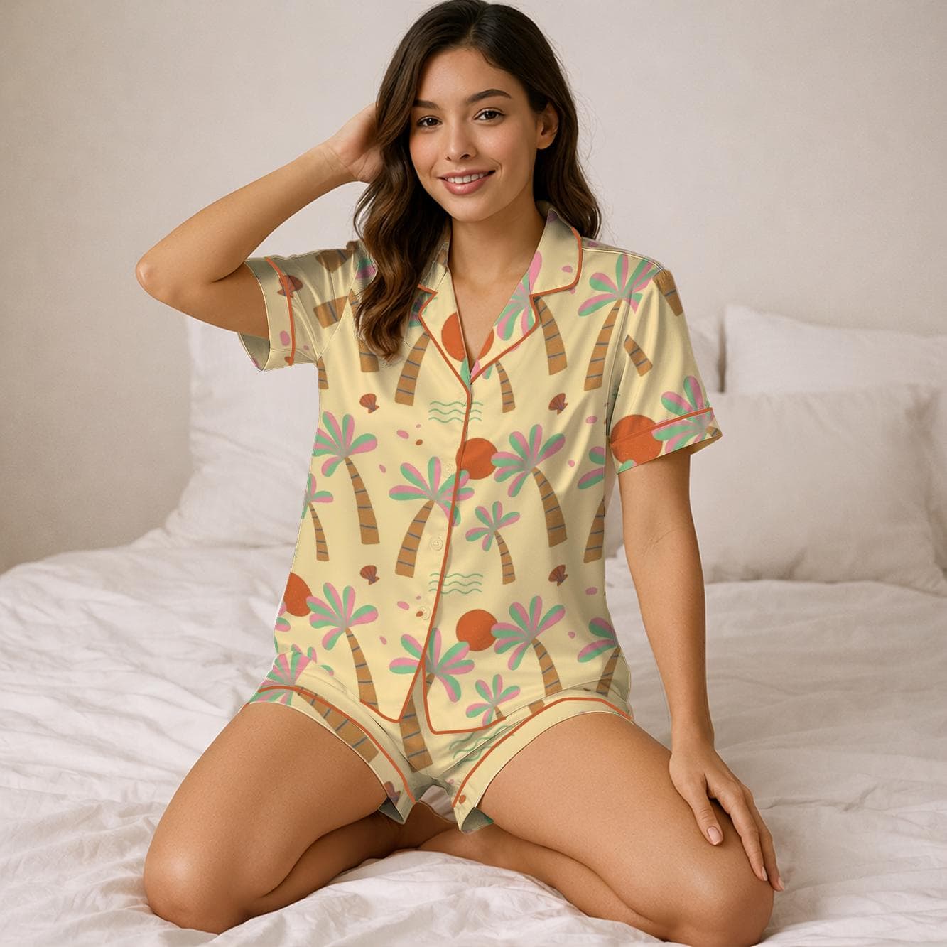 Retro Tropical Palm Tree Pajamas, Vintage Beach Aesthetic Sleepwear, Sunset Island Loungewear, Summer Vacation Gift, Coastal Nightwear - Image 2