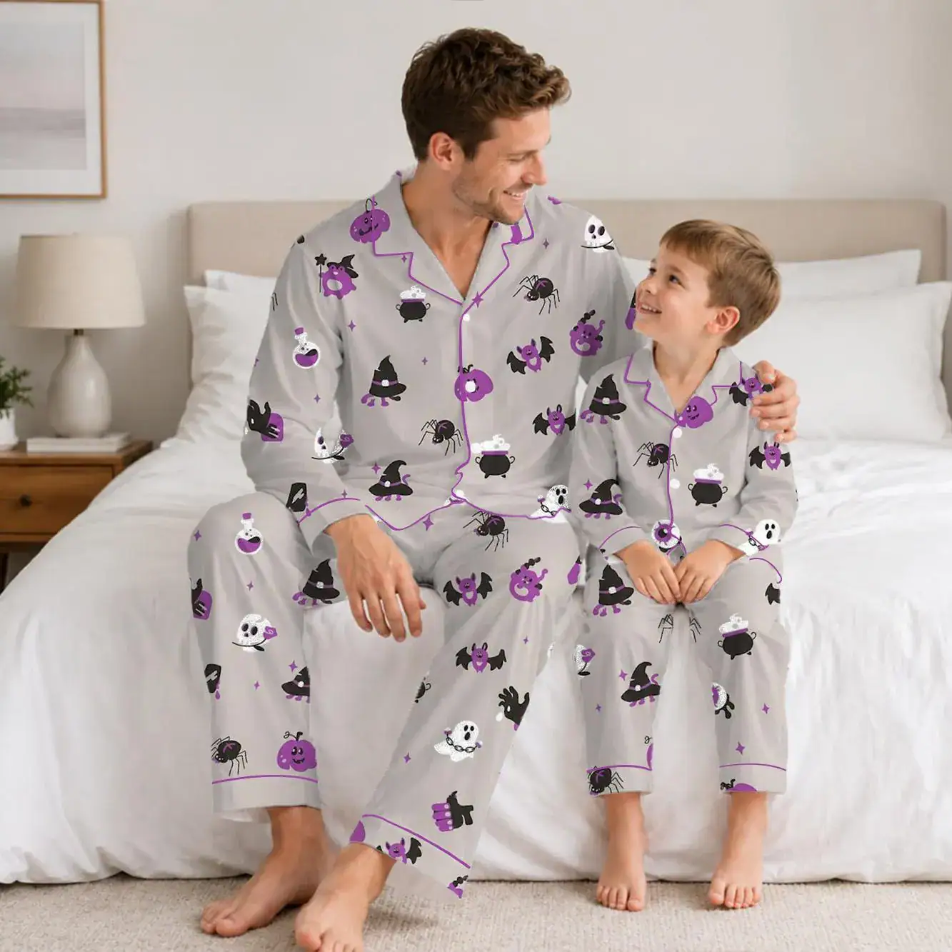 Purple Pumpkin Halloween Pajamas, Spooky Witchy Sleepwear, Whimsical Ghost and Spider Nightwear, Cute October Gift for Her, Kid PJs