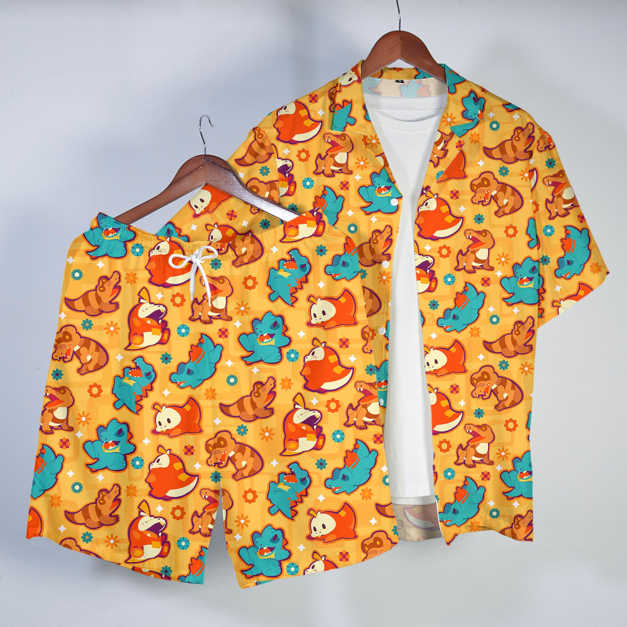 Fuecoco Totodile Hawaiian Shirt Tropical Button Up Shirt Summer Beach Short Dinosaur Pattern Matching Set Unisex Outfit Fuecoco Shirt Gifts
