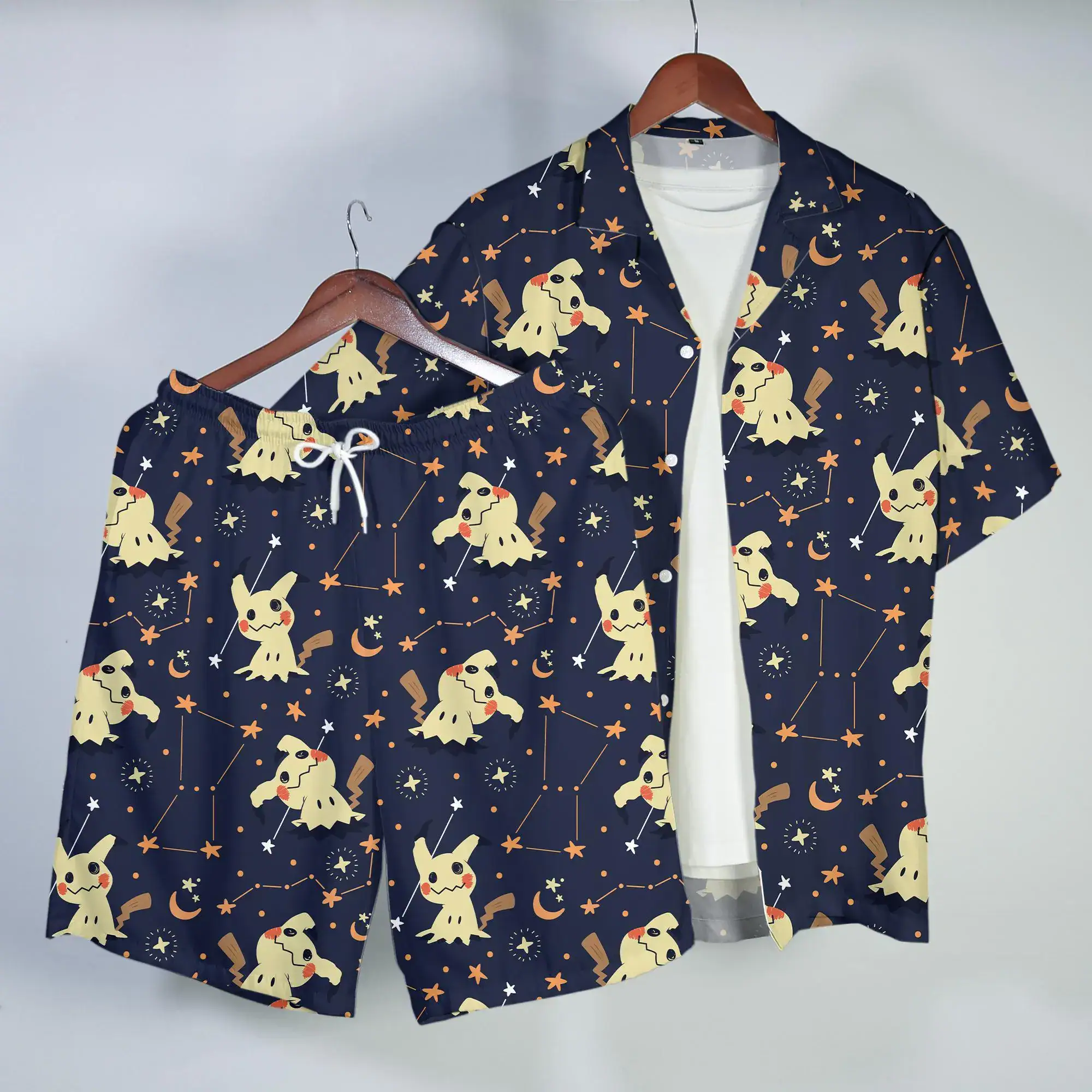 Mimikyu Hawaiian Shirt Cute Ghost Night Sky Button Up Shirt Spooky Summer Beach Shorts Matching Set Unisex Outfit Mimikyu Shirt Gifts
