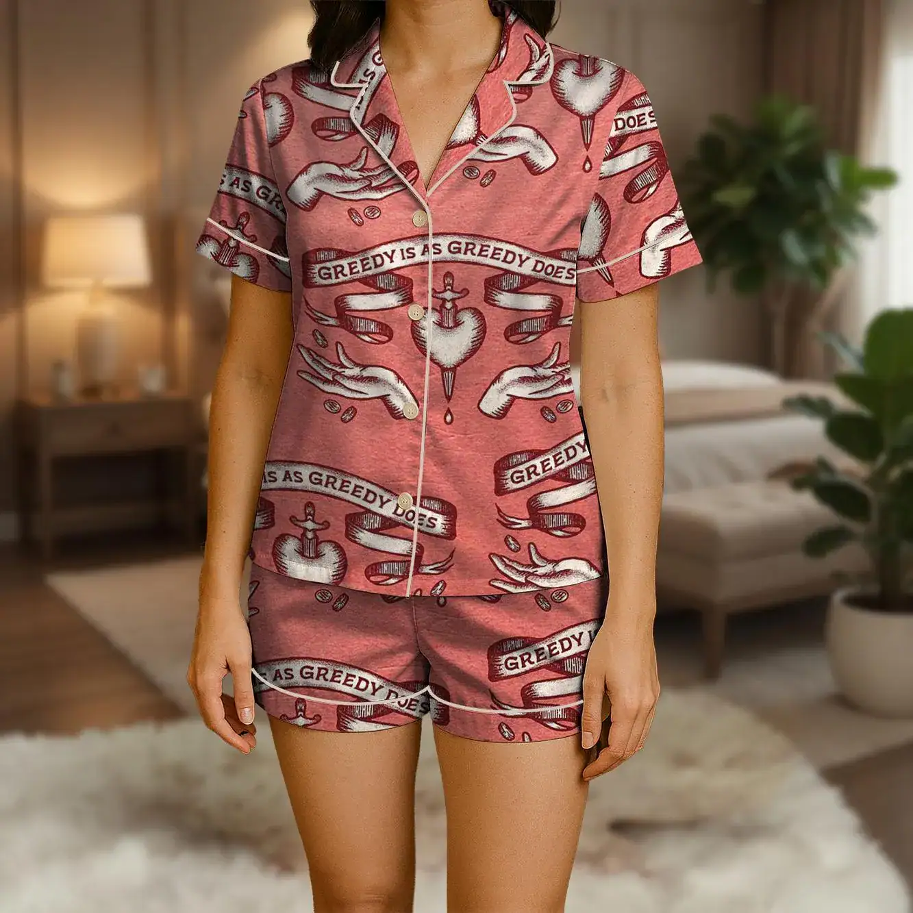 Bleeding Heart and Dagger Pajamas, Greedy Is As Greedy Does Sleepwear for Men Women Kids, Hand and Coin Pink Loungewear