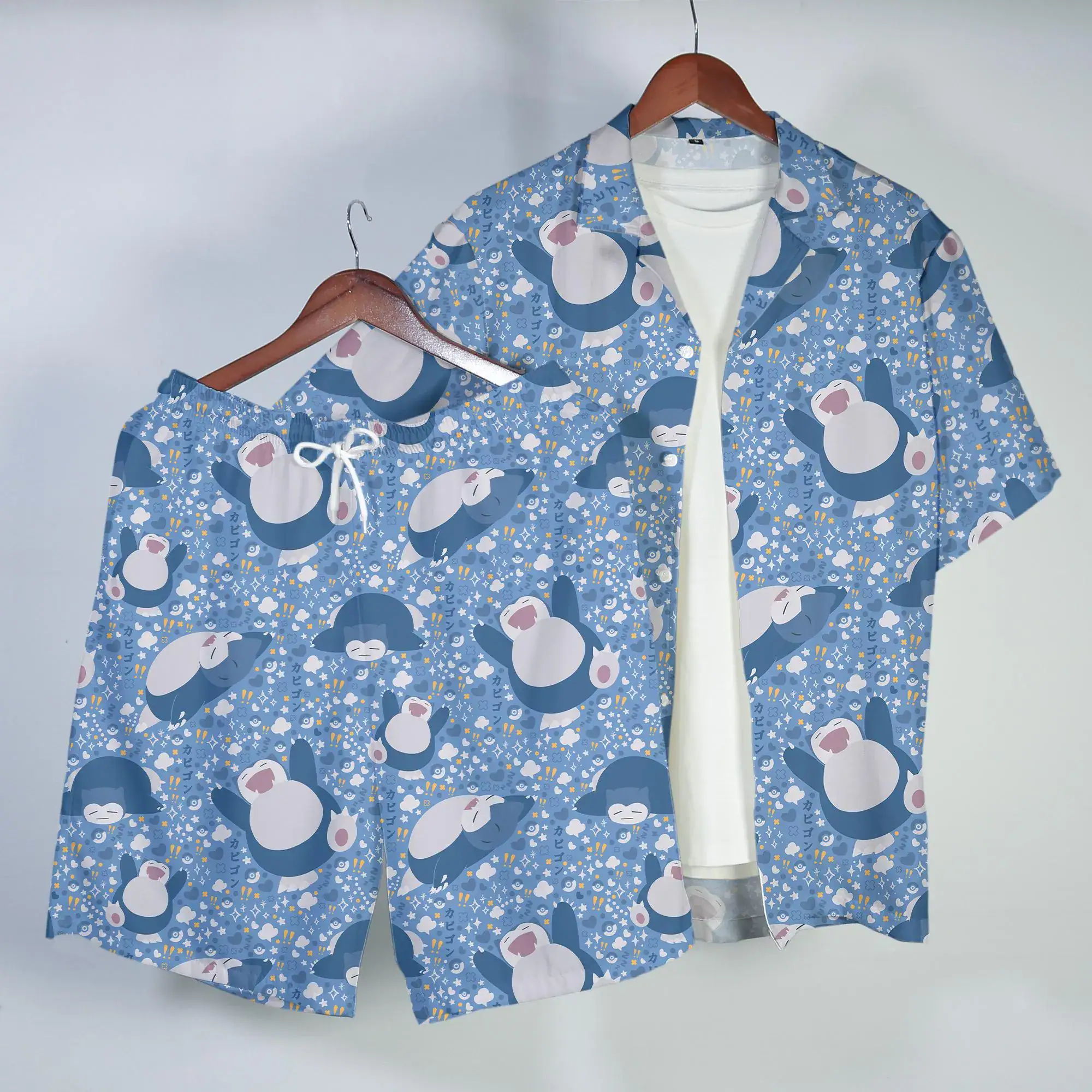 Snorlax Hawaiian Shirt Tropical Button Up Shirt Cute Sleepy Summer Beach Shorts Matching Set Unisex Outfit Snorlax Shirt Gifts