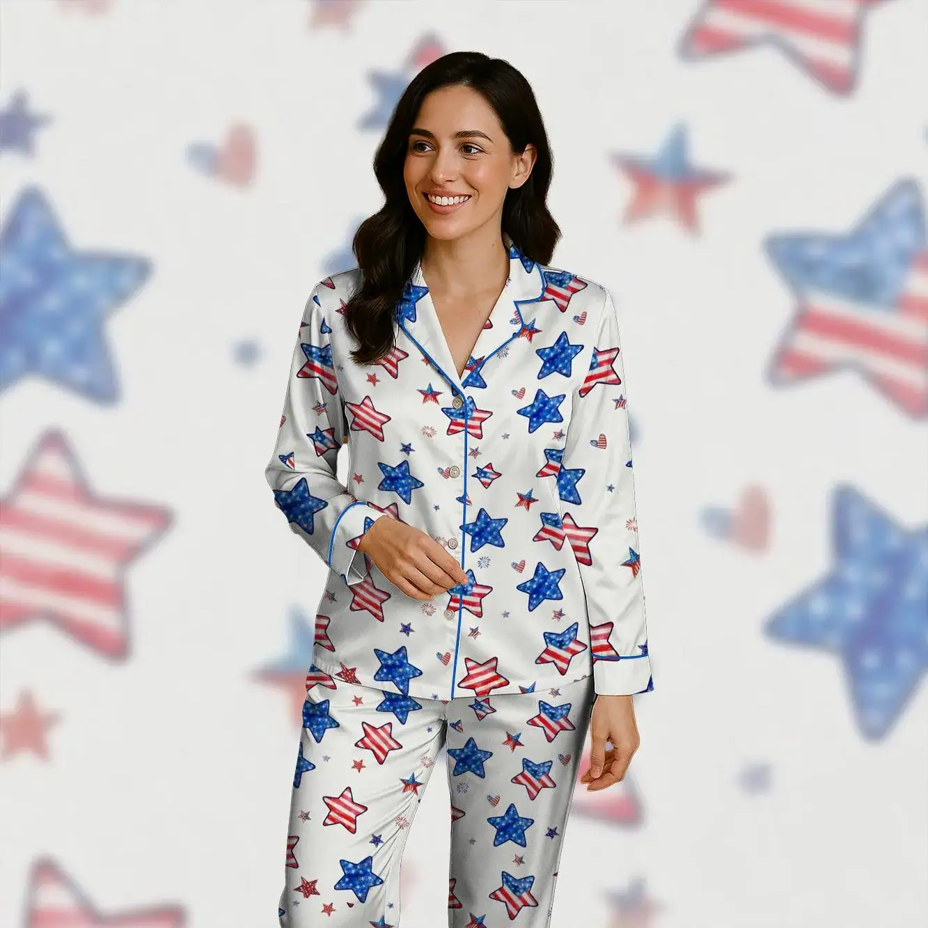 Patriotic Stars & Stripes Pajamas, America 250 Semiquincentennial PJs, Aesthetic America 250 Nightwear, Soft Silk July 4th Loungewear - Image 2