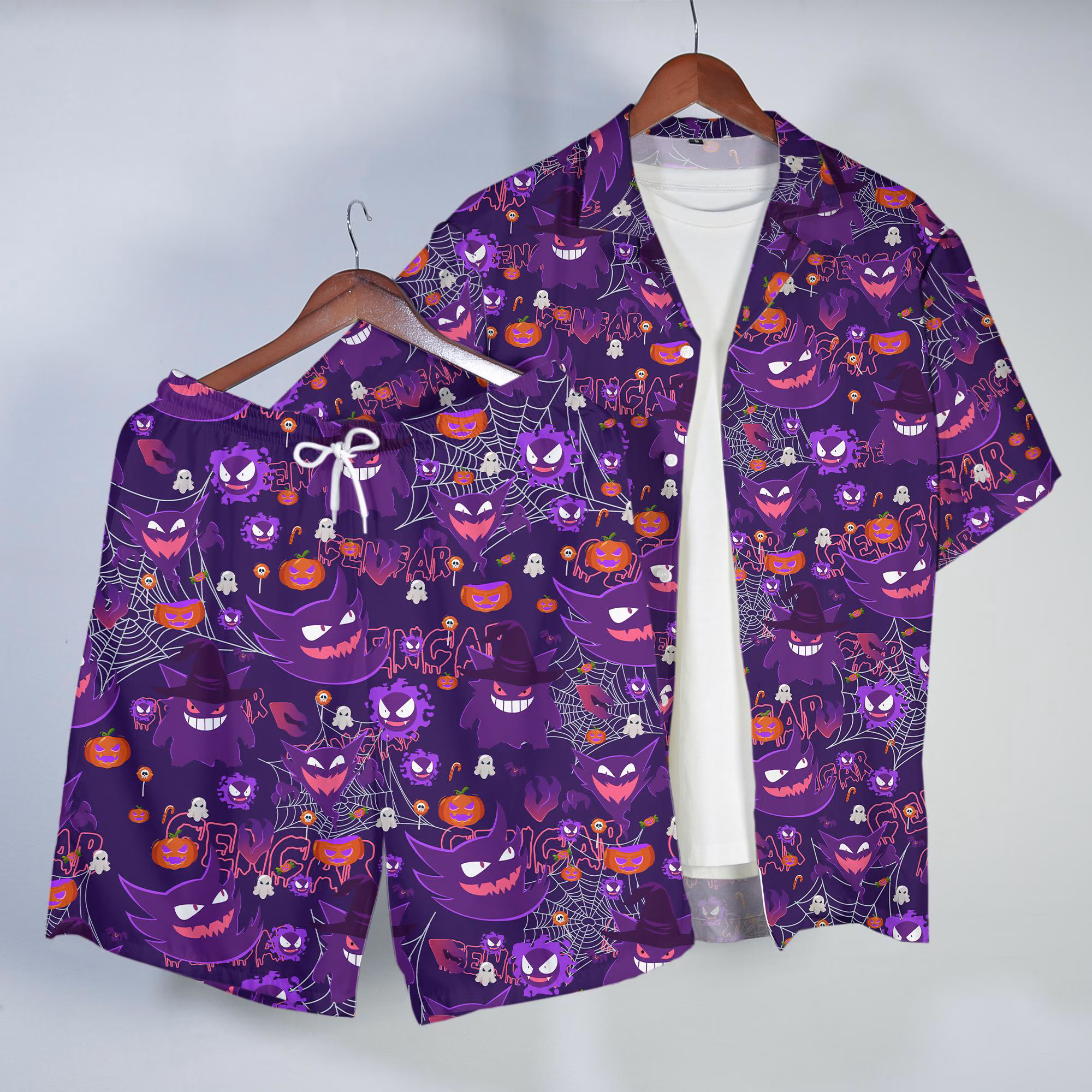 Gengar Hawaiian Shirt Spooky Ghost Tropical Button Up Shirt Cute Halloween Summer Beach Shorts Matching Set Unisex Outfit Gengar Shirt Gifts