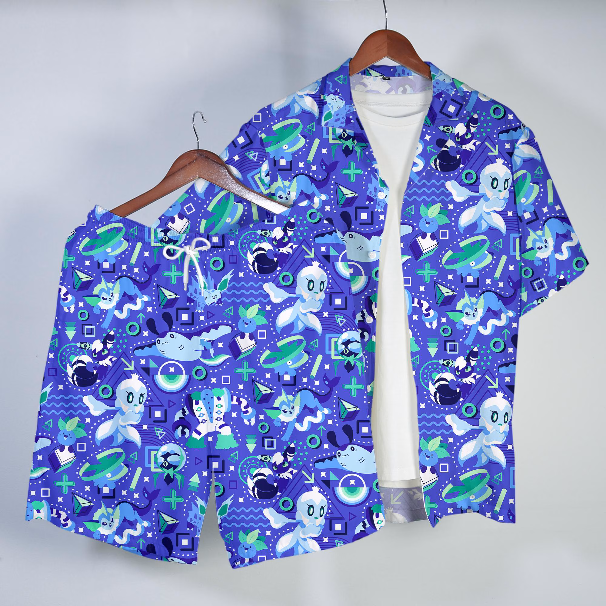 Vaporeon Oddish Hawaiian Shirt Tropical Button Up Shirt Cute Summer Beach Shorts Matching Set Ocean Unisex Outfit Vaporeon Shirt Gifts