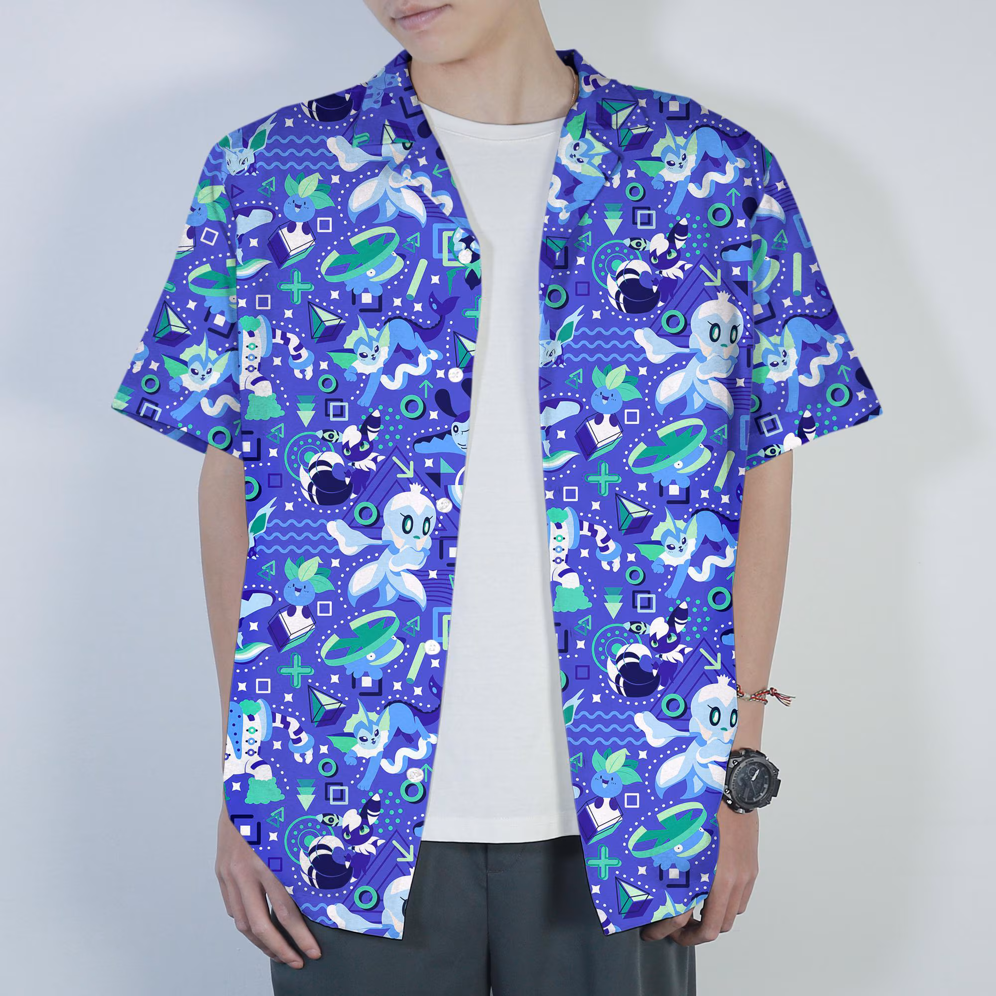 Vaporeon Oddish Hawaiian Shirt Tropical Button Up Shirt Cute Summer Beach Shorts Matching Set Ocean Unisex Outfit Vaporeon Shirt Gifts - Image 2