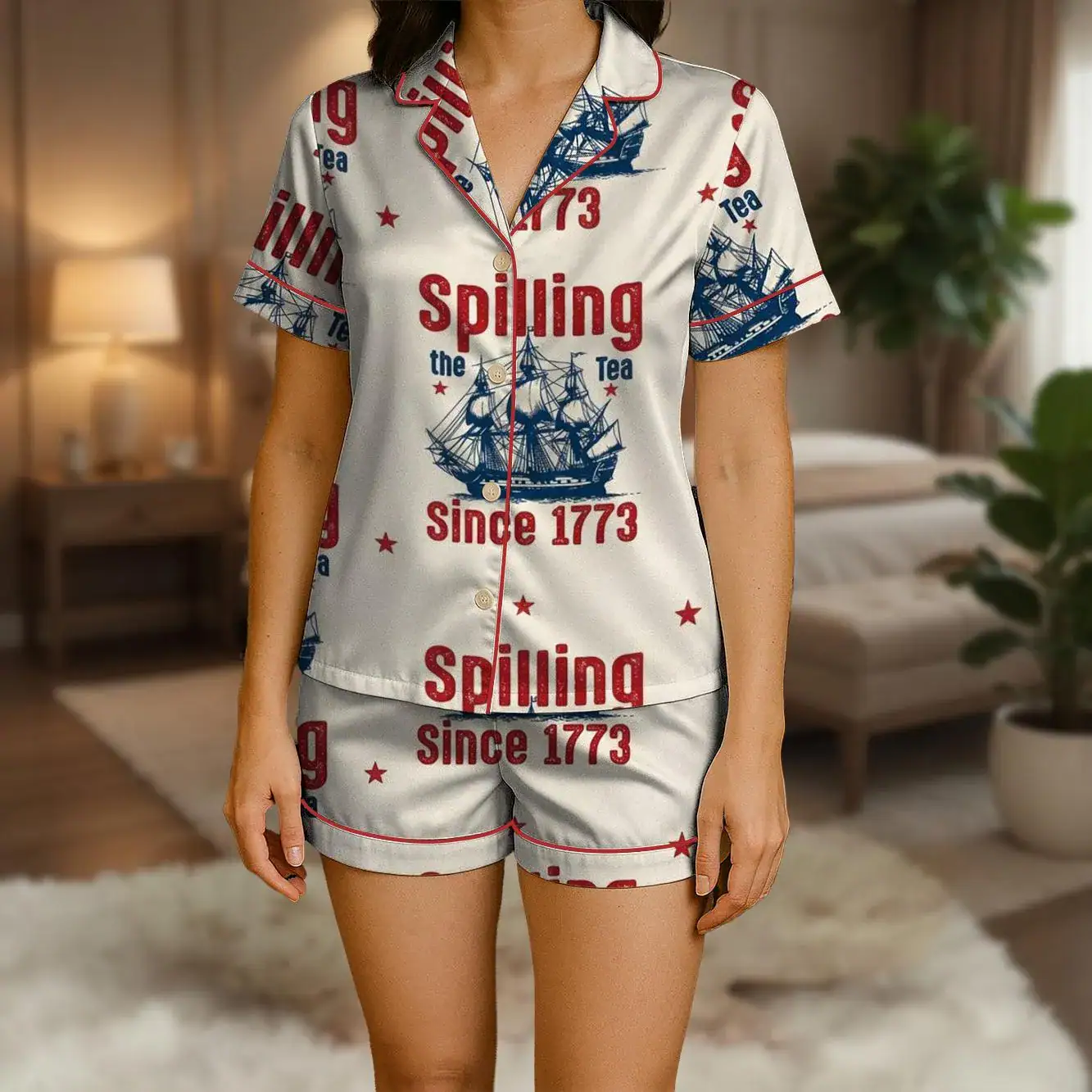 Spilling the Tea Since 1773 Satin Pajamas, America 250 Patriotic Sleepwear Set, Boston Tea Party Luxury Silk Loungewear, July 4th Gift - Image 4