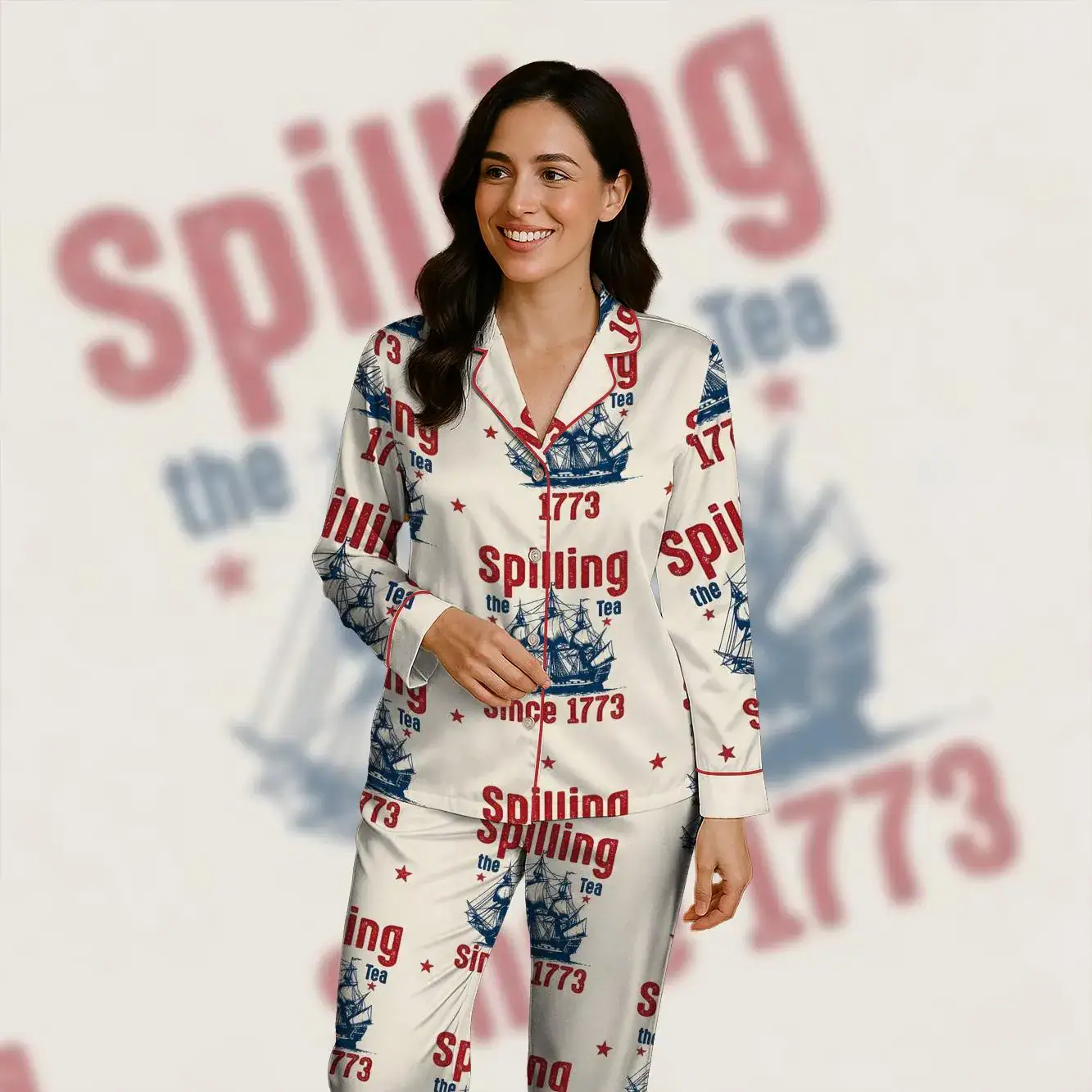 Spilling the Tea Since 1773 Satin Pajamas, America 250 Patriotic Sleepwear Set, Boston Tea Party Luxury Silk Loungewear, July 4th Gift - Image 2