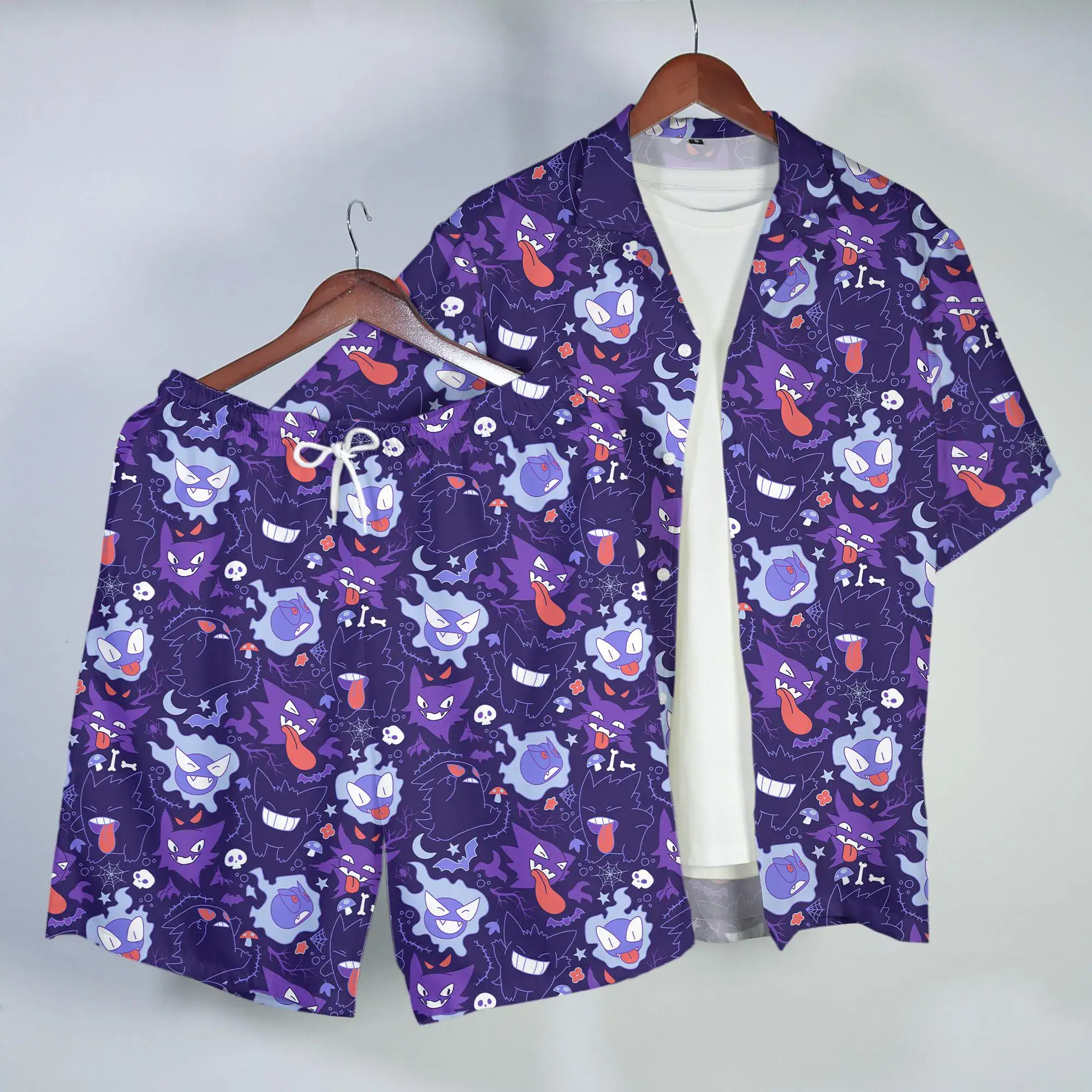 Gengar Gastly Hawaiian Shirt Tropical Button Up Shirt Funny Summer Beach Short Ghost Pattern Matching Set Unisex Outfit Gengar Shirt Gifts
