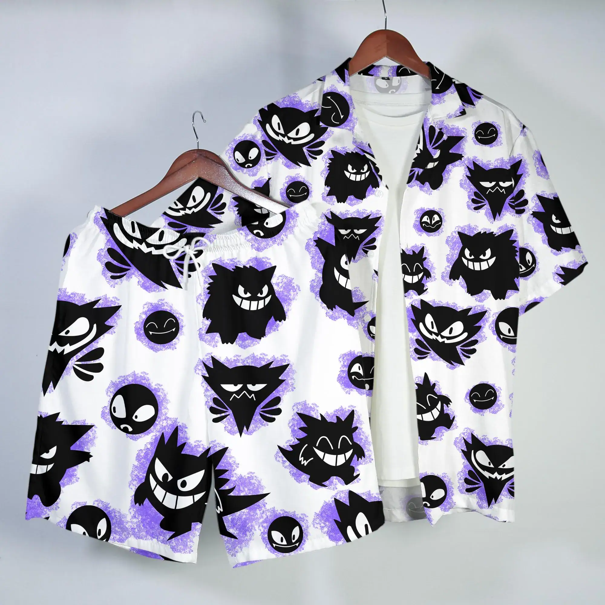 Gengar Hawaiian Shirt Tropical Button Up Shirt Funny Summer Beach Short Ghost Pattern Matching Set Unisex Outfit Gengar Shirt Gifts