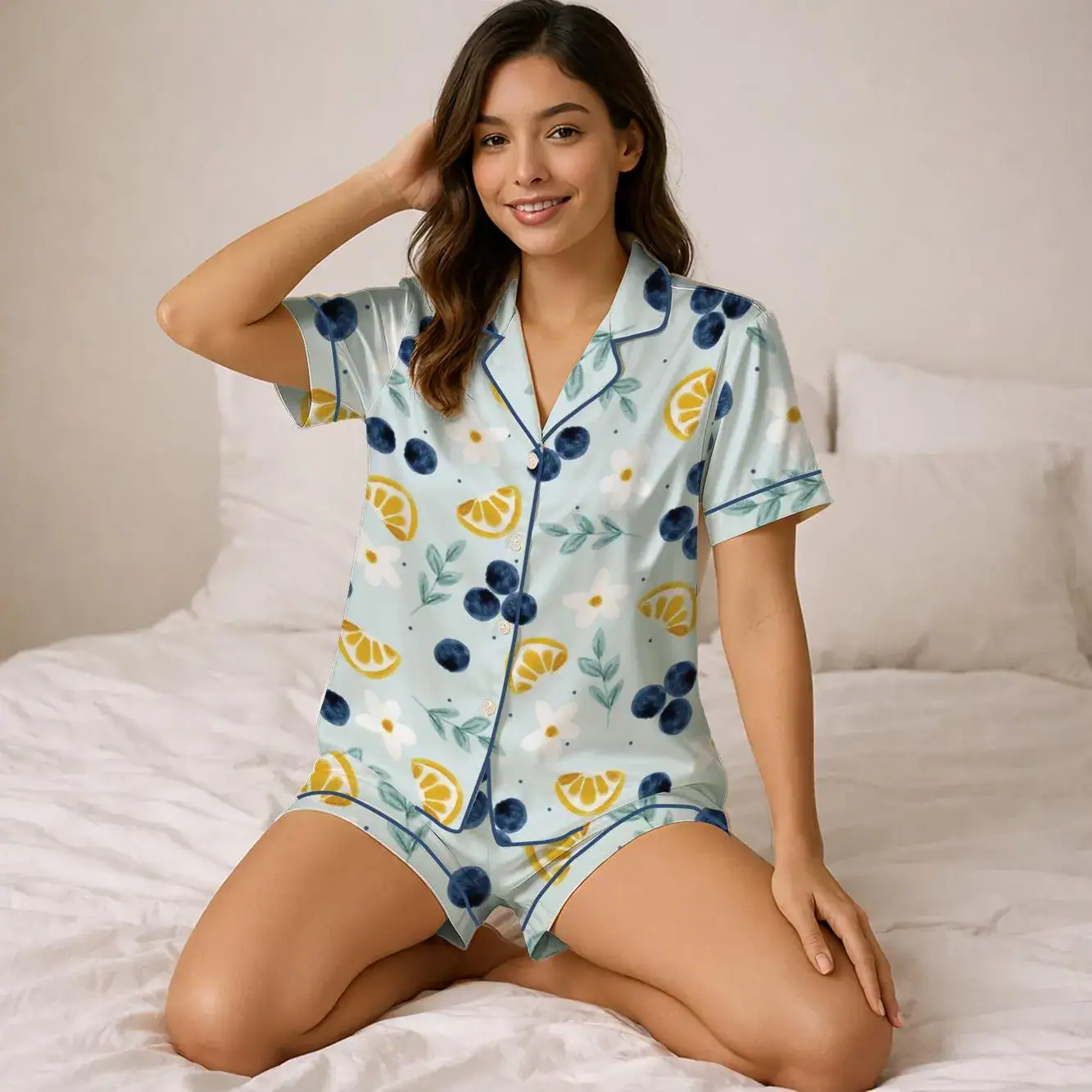 Lemon and Blueberry Pajamas, Fruit Garden Aesthetic Sleepwear, Summer Citrus Loungewear, Floral Fruit Nightwear, Gift for Her