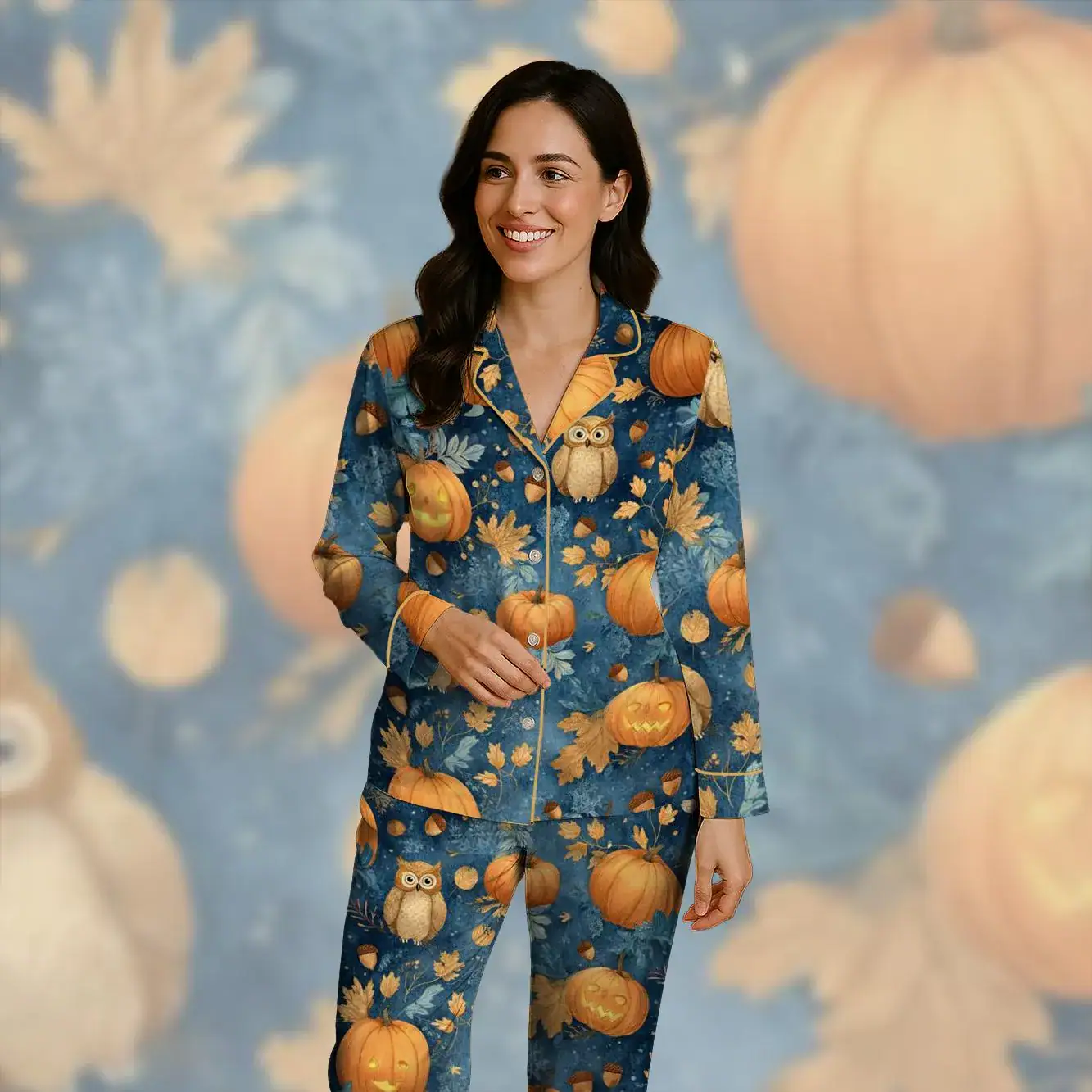 Halloween Pumpkin Pajamas, Spooky Owl Aesthetic Sleepwear, Gothic Harvest Moon Loungewear, Enchanted Forest Gift for Her - Image 3