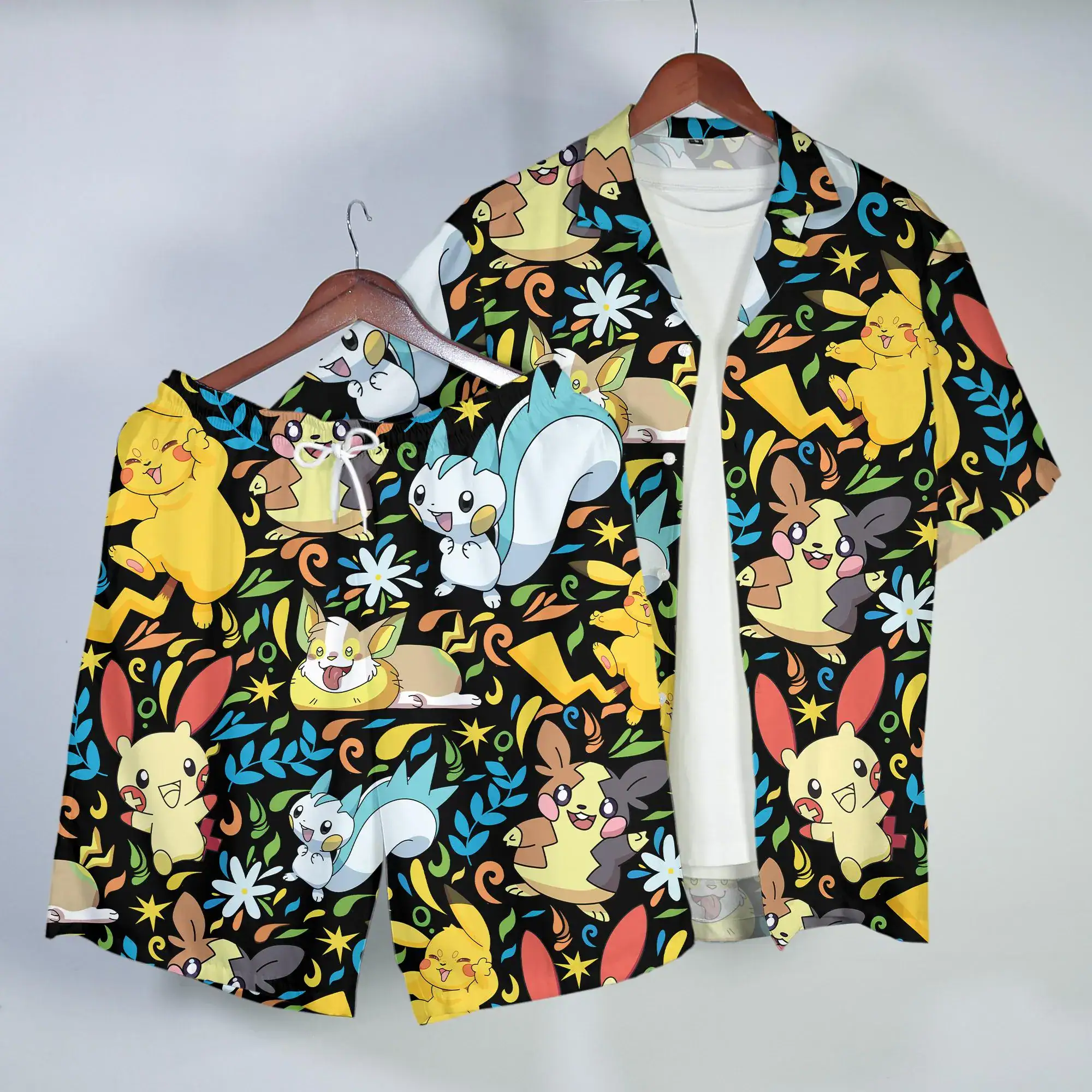 Pikachu Pachirisu Hawaiian Shirt Tropical Button Up Shirt Cute Summer Beach Short Matching Set Unisex Outfit Pikachu Shirt Gifts