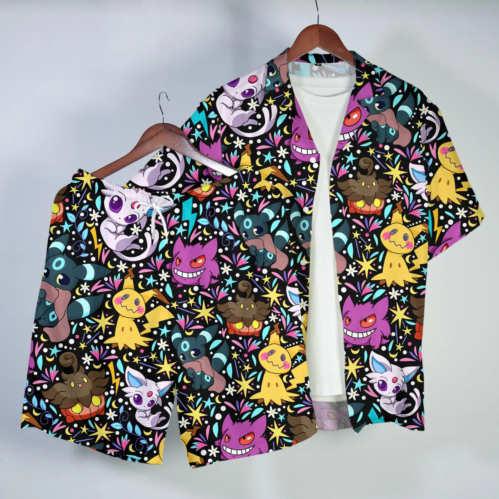 Gengar Mimikyu Hawaiian Shirt Tropical Button Up Shirt Cute Summer Beach Short Ghost Pattern Matching Set Unisex Outfit Gengar Shirt Gifts