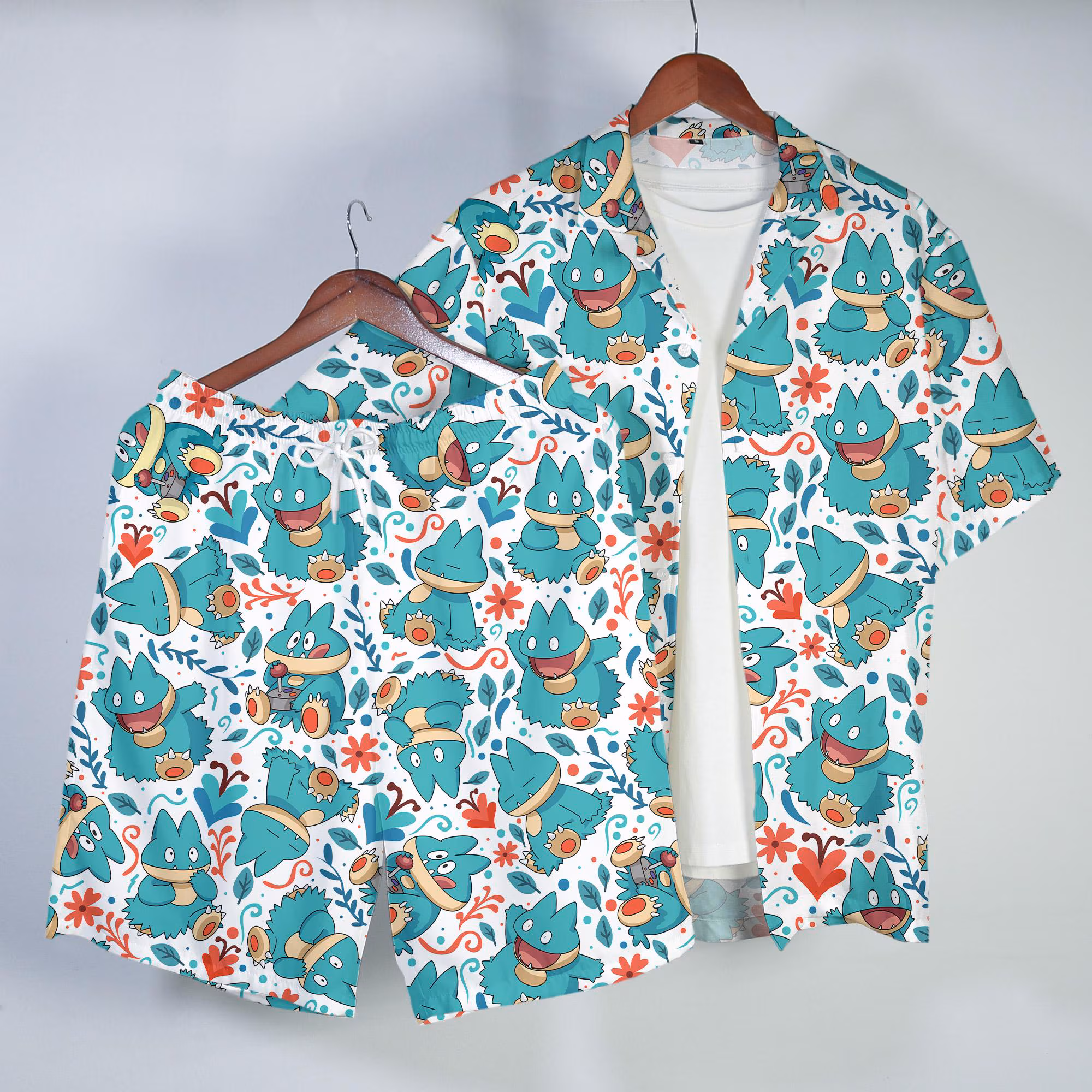 Munchlax Hawaiian Shirt Tropical Button Up Shirt Cute Summer Beach Short Matching Set Unisex Outfit Munchlax Shirt Gifts