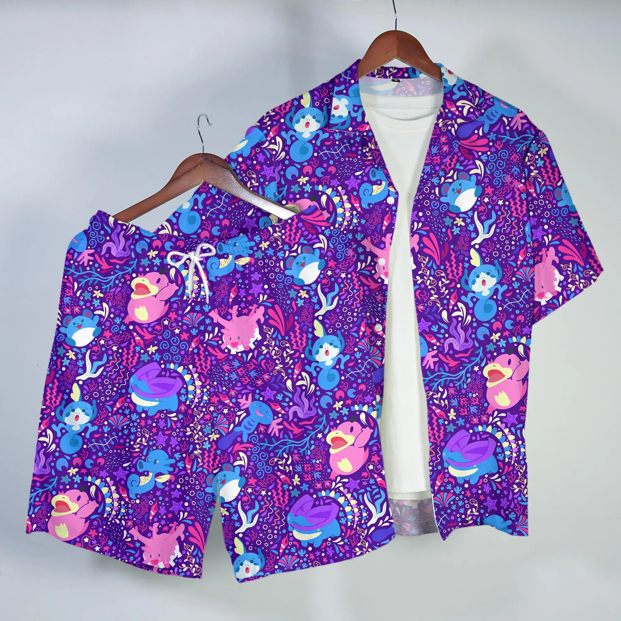 Psyduck Wooper Hawaiian Shirt Tropical Button Up Shirt Cute Ocean Summer Beach Short Matching Set Unisex Outfit Psyduck Shirt Gifts