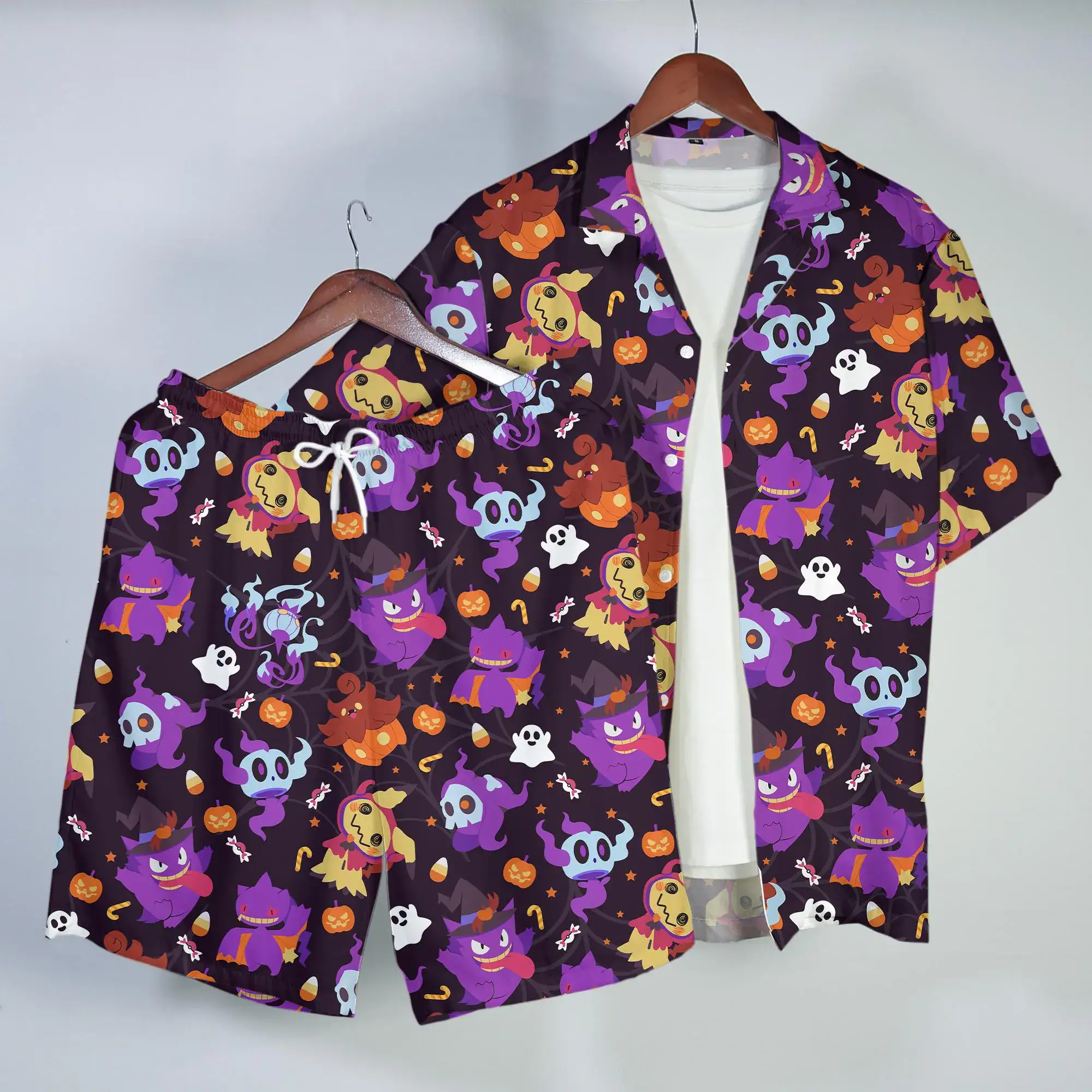Gengar Mimikyu Hawaiian Shirt Spooky Tropical Button Up Shirt Cute Halloween Beach Short Matching Set Unisex Outfit Gengar Shirt Gifts