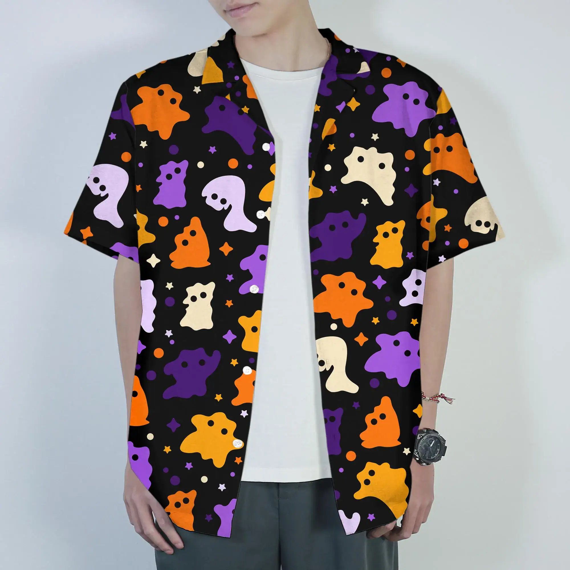 Ditto Hawaiian Shirt Cute Ghost Pattern Tropical Button Up Shirt Spooky Summer Beach Halloween Matching Set Unisex Outfit Ditto Shirt Gifts - Image 2