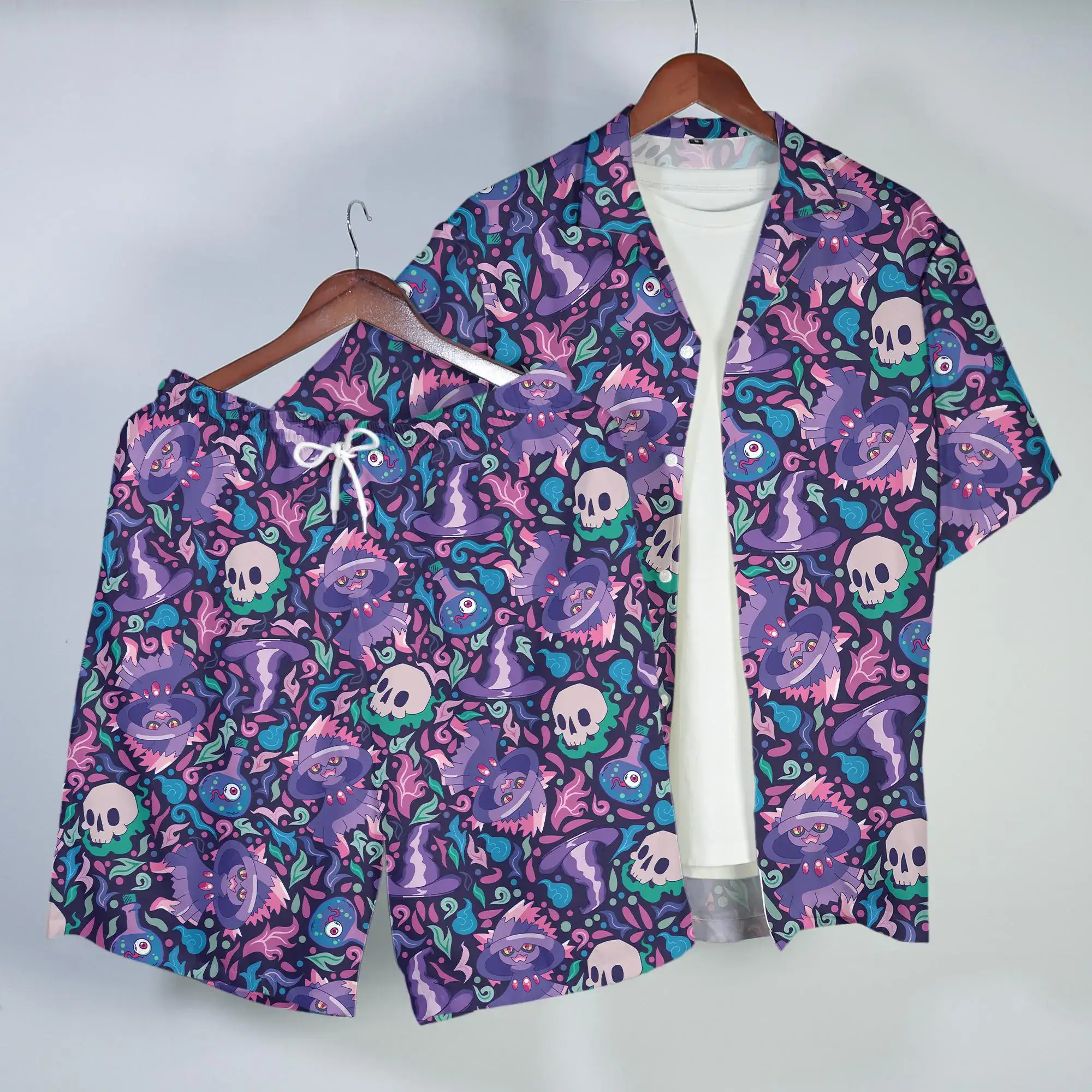 Mismagius Hawaiian Shirt Spooky Ghost Witch Tropical Button Up Shirt Halloween Summer Beach Matching Set Unisex Outfit Mismagius Shirt Gifts