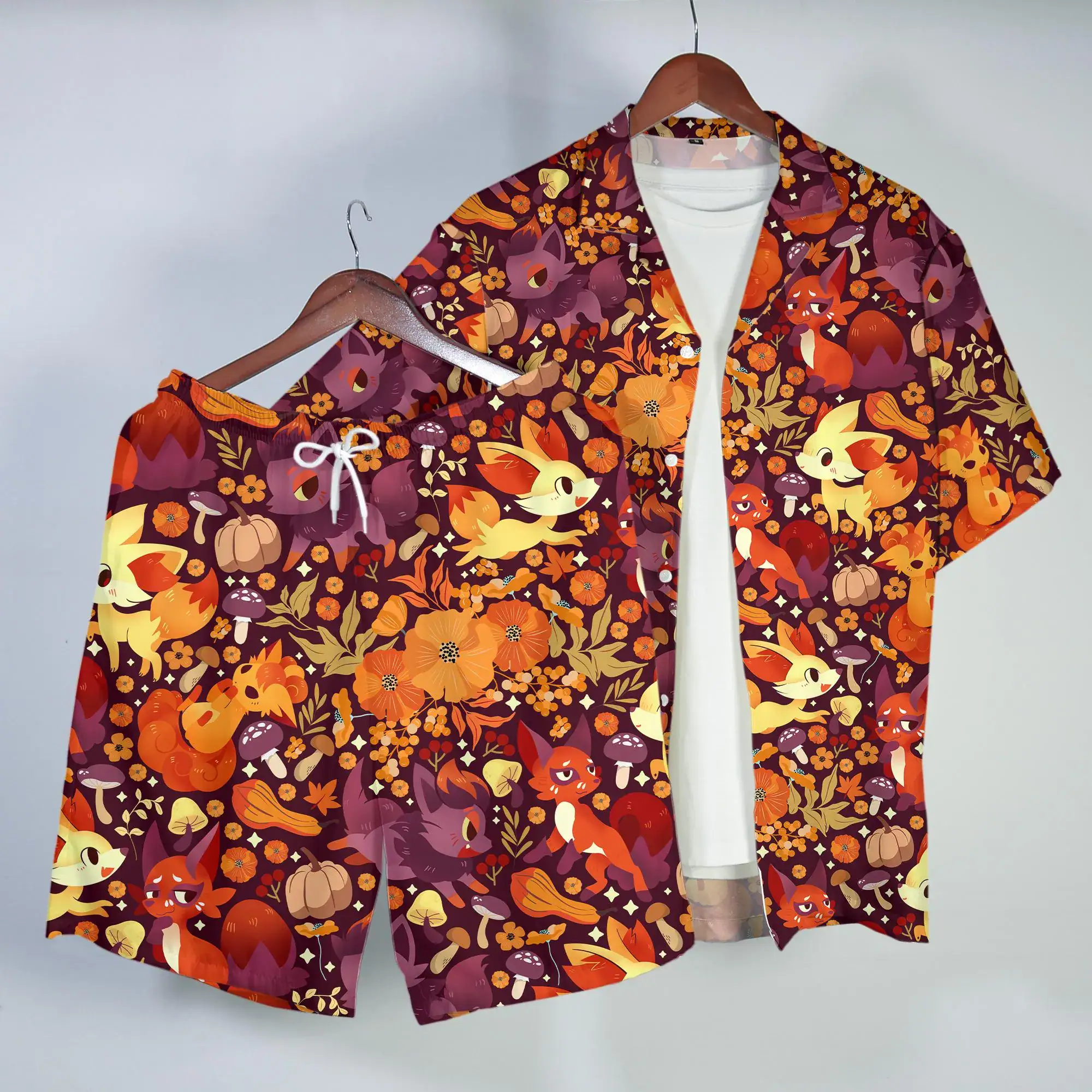 Vulpix Fennekin Hawaiian Shirt Cute Fox Floral Tropical Button Up Shirt Autumn Forest Beach Matching Set Unisex Outfit Vulpix Shirt Gifts