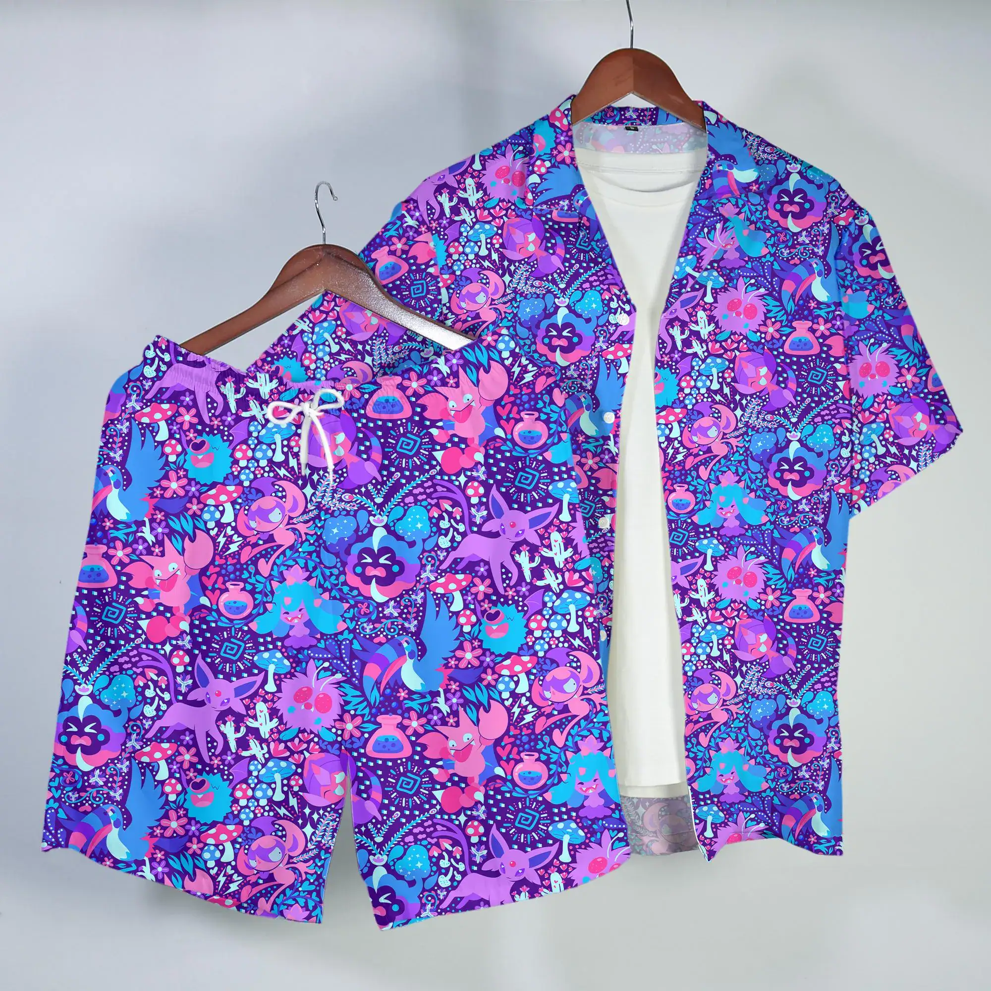 Espeon Cosmog Hawaiian Shirt Tropical Button Up Shirt Summer Beach Shorts Psychic Pattern Matching Set Unisex Outfit Espeon Shirt Gifts