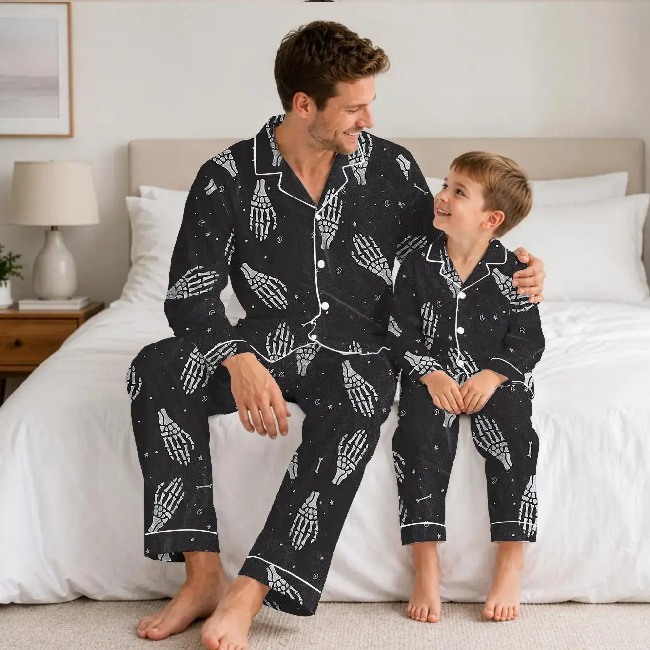 Skeleton Hands Pajamas, Black Halloween Sleepwear for Women, Long and Short Sleeve Button Down Loungewear