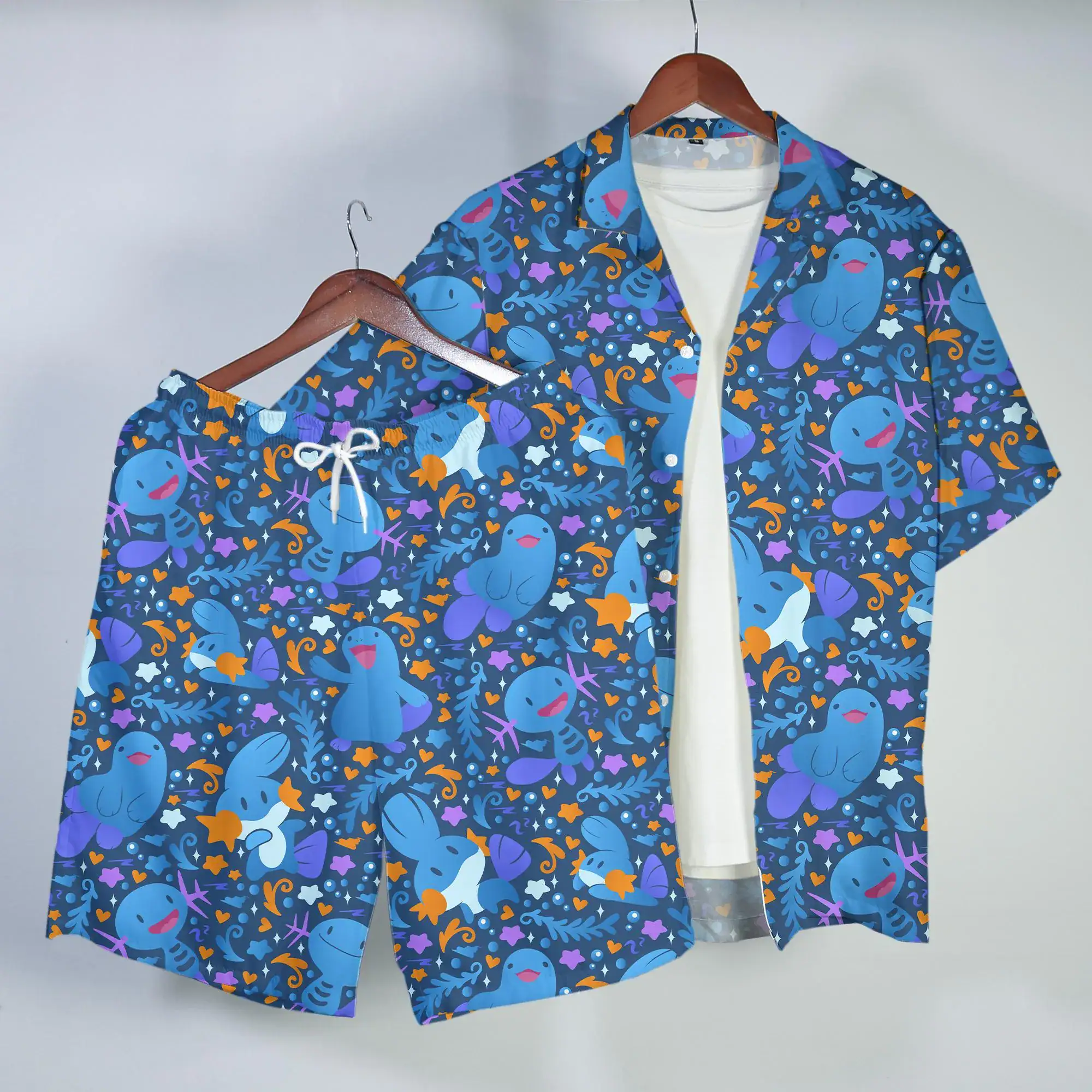 Wooper Quagsire Hawaiian Shirt Tropical Button Up Shirt Cute Water Pattern Summer Beach Shorts Matching Set Unisex Outfit Wooper Shirt Gifts