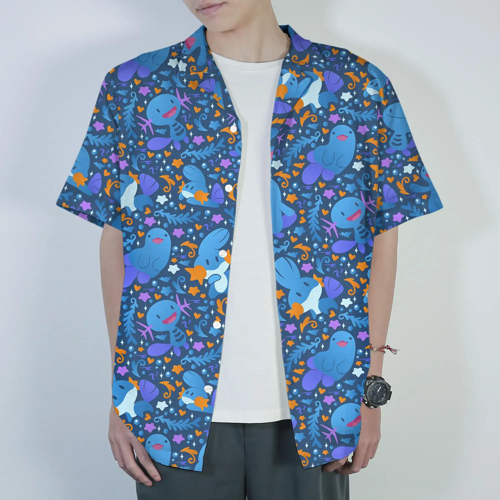 Wooper Quagsire Hawaiian Shirt Tropical Button Up Shirt Cute Water Pattern Summer Beach Shorts Matching Set Unisex Outfit Wooper Shirt Gifts - Image 2
