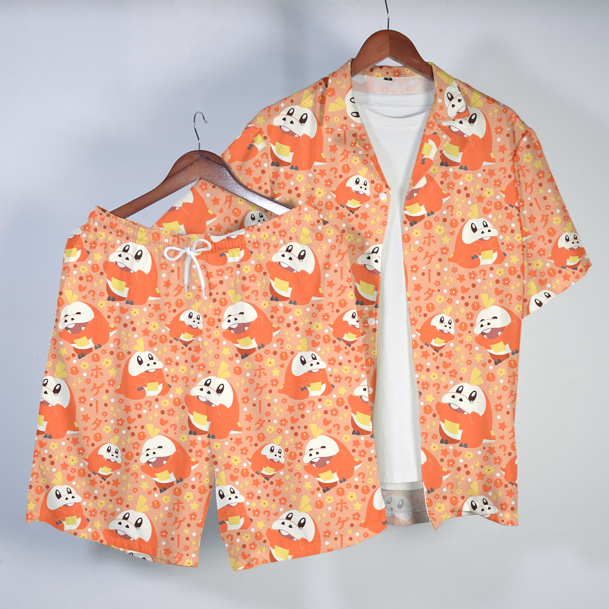 Fuecoco Hawaiian Shirt Cute Fire Crocodile Tropical Button Up Shirt Funny Summer Beach Shorts Matching Set Unisex Outfit Fuecoco Shirt Gifts