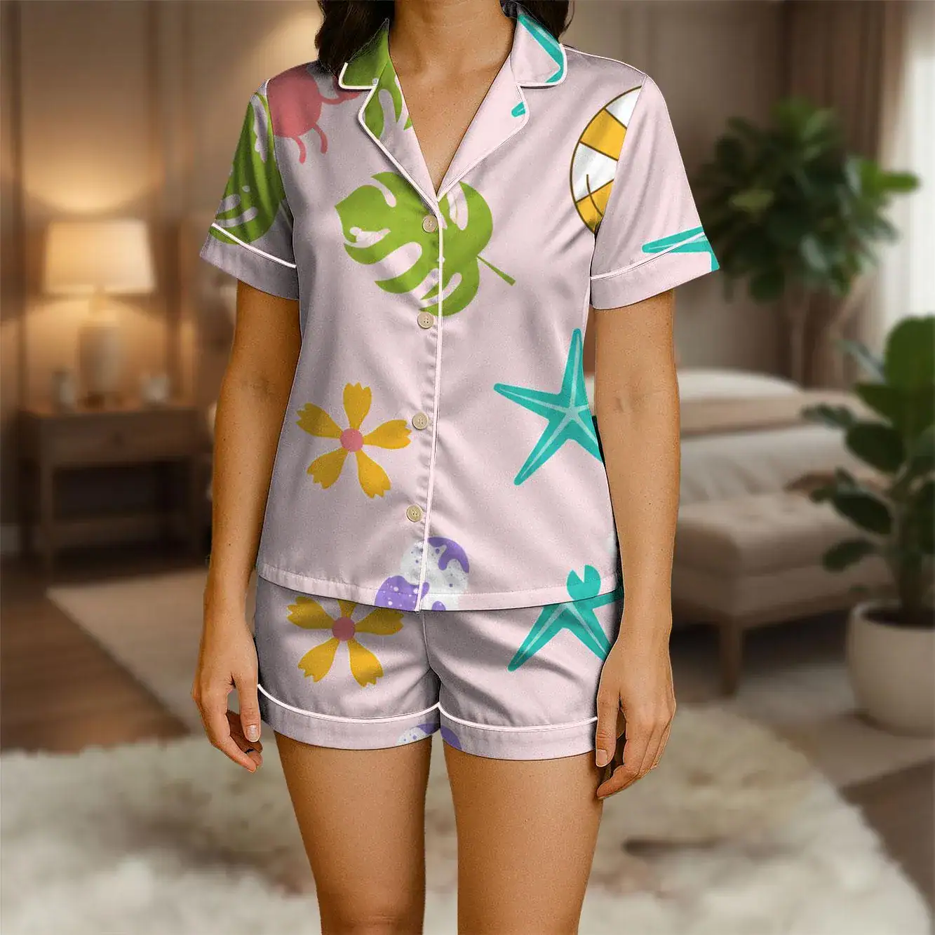 Tropical Satin Pajama Set for Women, Beach Inspired Sleepwear, Starfish and Palm Print Loungewear, Summer Gift for Her