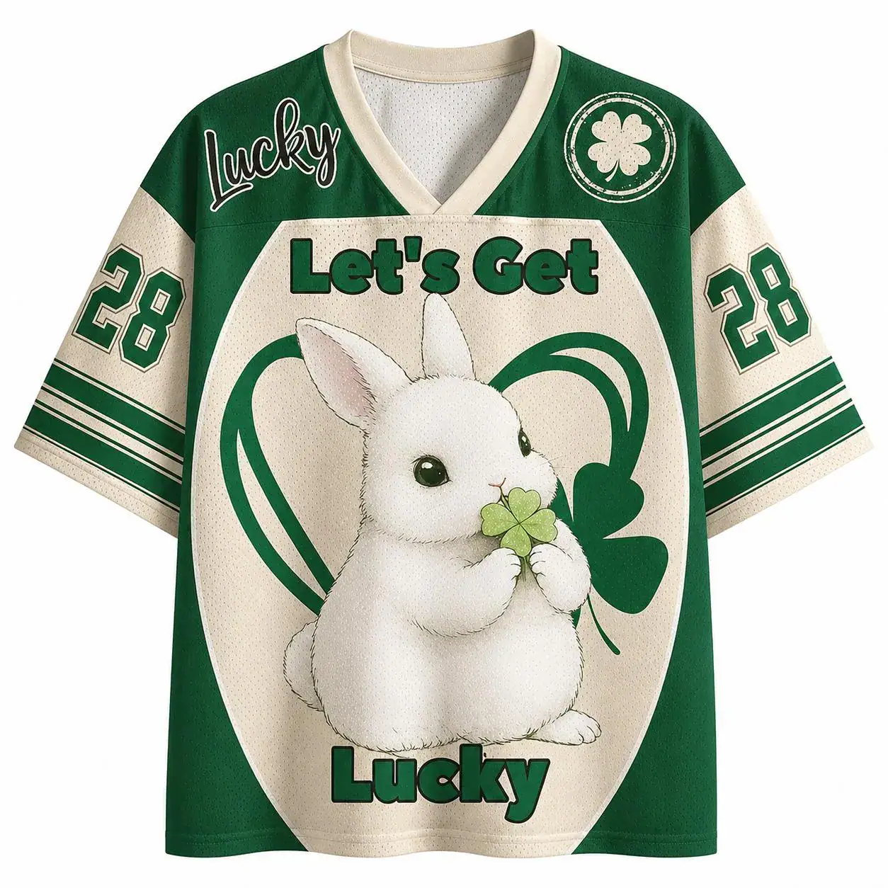 Lucky Bunny Oversized Jersey Shirt, Cute St Patrick Rabbit Graphic Tee, Kawaii Green Clover Sports Jersey, Vintage Unisex Streetwear