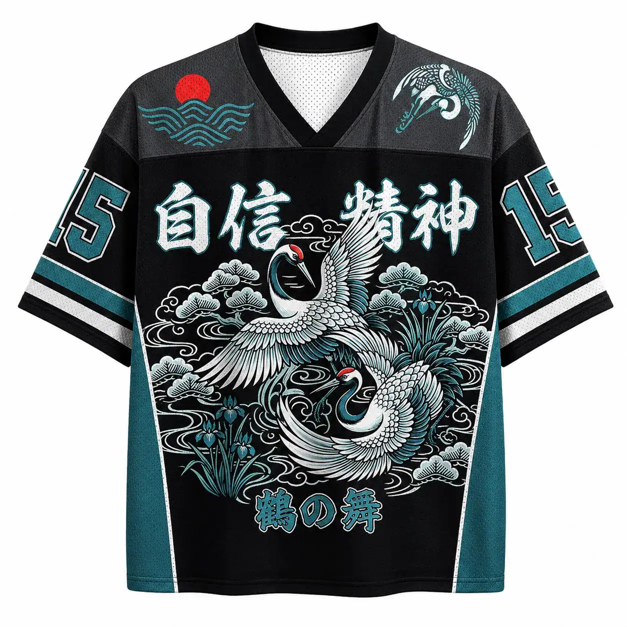 Spirit of the Cranes Oversized Jersey Shirt, Japanese Crane Streetwear Tee, Black Teal Anime Mesh Jersey, Unisex Harajuku Fashion Top