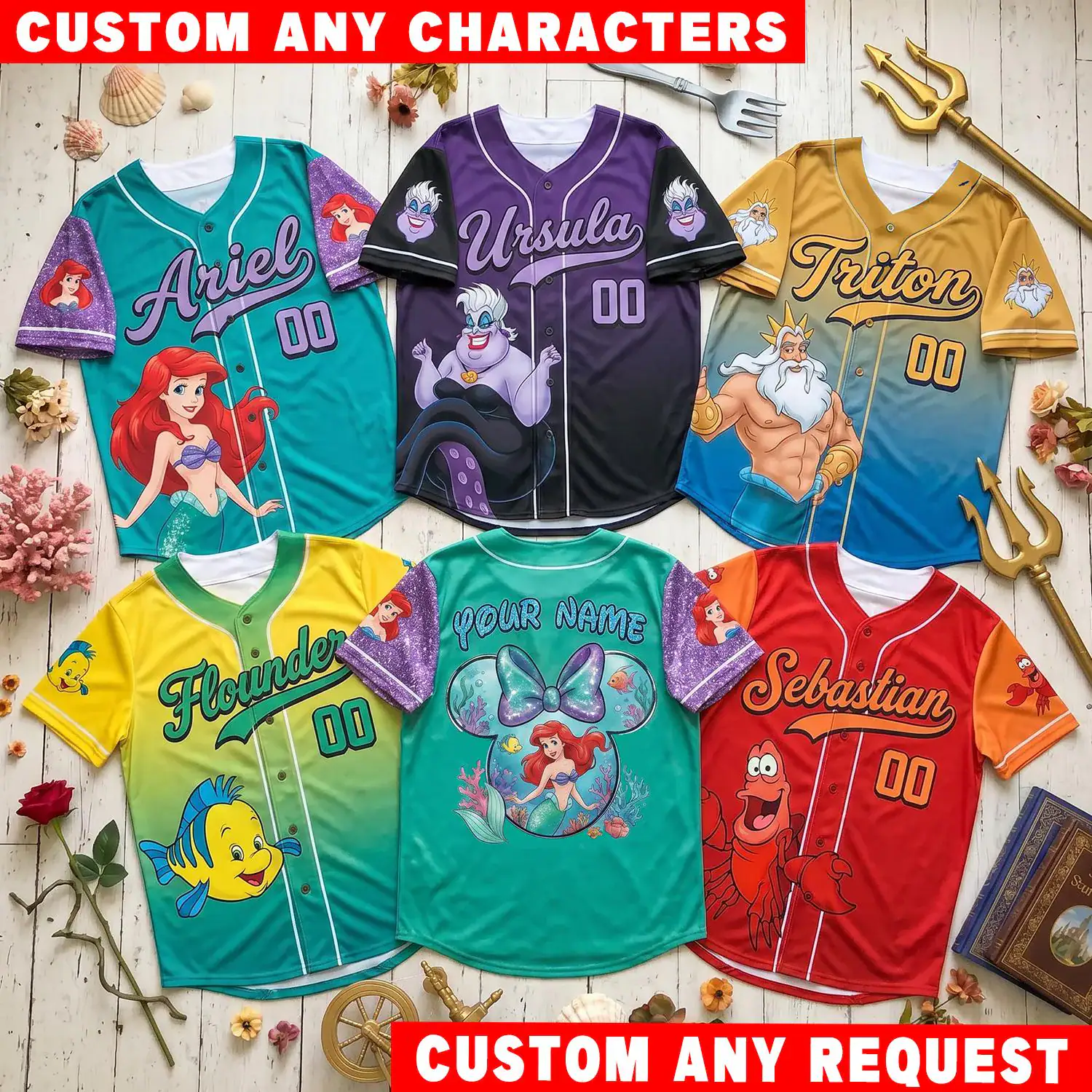 Ariel DN Baseball Jersey Custom Name, The Little Mermaid Shirt, Ursula Triton Sebastian Flounder Family Vacation Gift
