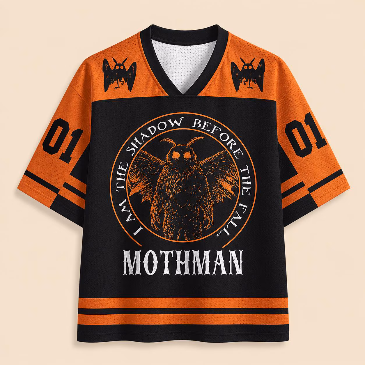 Mothman Horror Jersey Shirt, Halloween Cryptid Football Tee, Retro Paranormal Monster Graphic Shirt, Gothic Orange Black Streetwear Gift