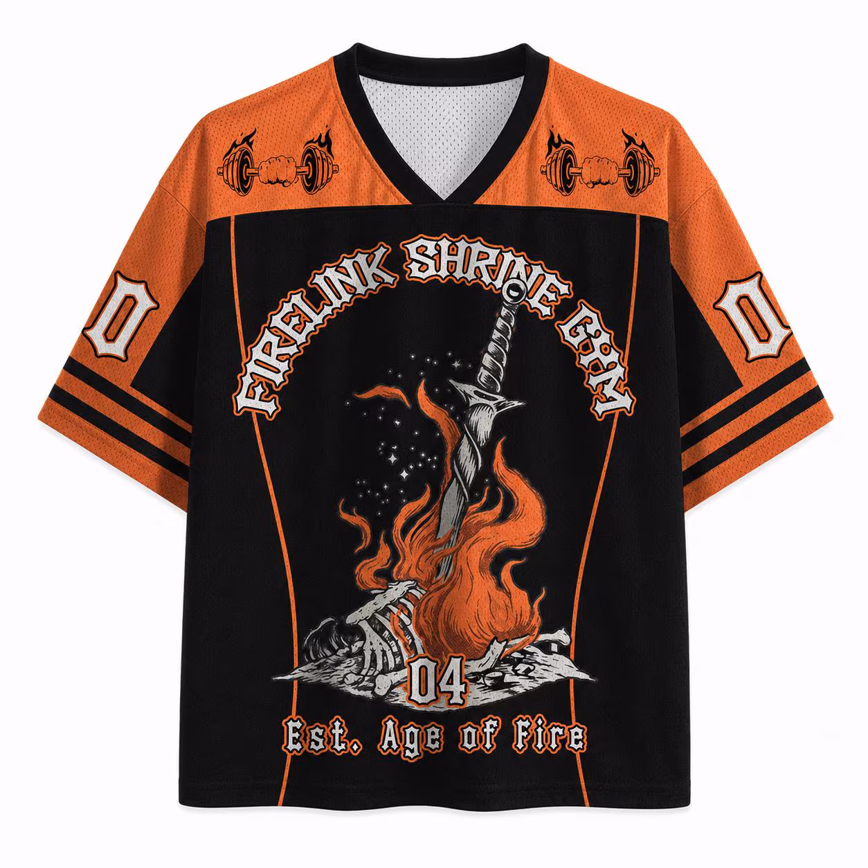 Firelink Shrine Gym Jersey Shirt, Dark Fantasy Warrior Sports Tee, Gothic Fire Sword Football Jersey, Medieval Gaming Streetwear Shirt