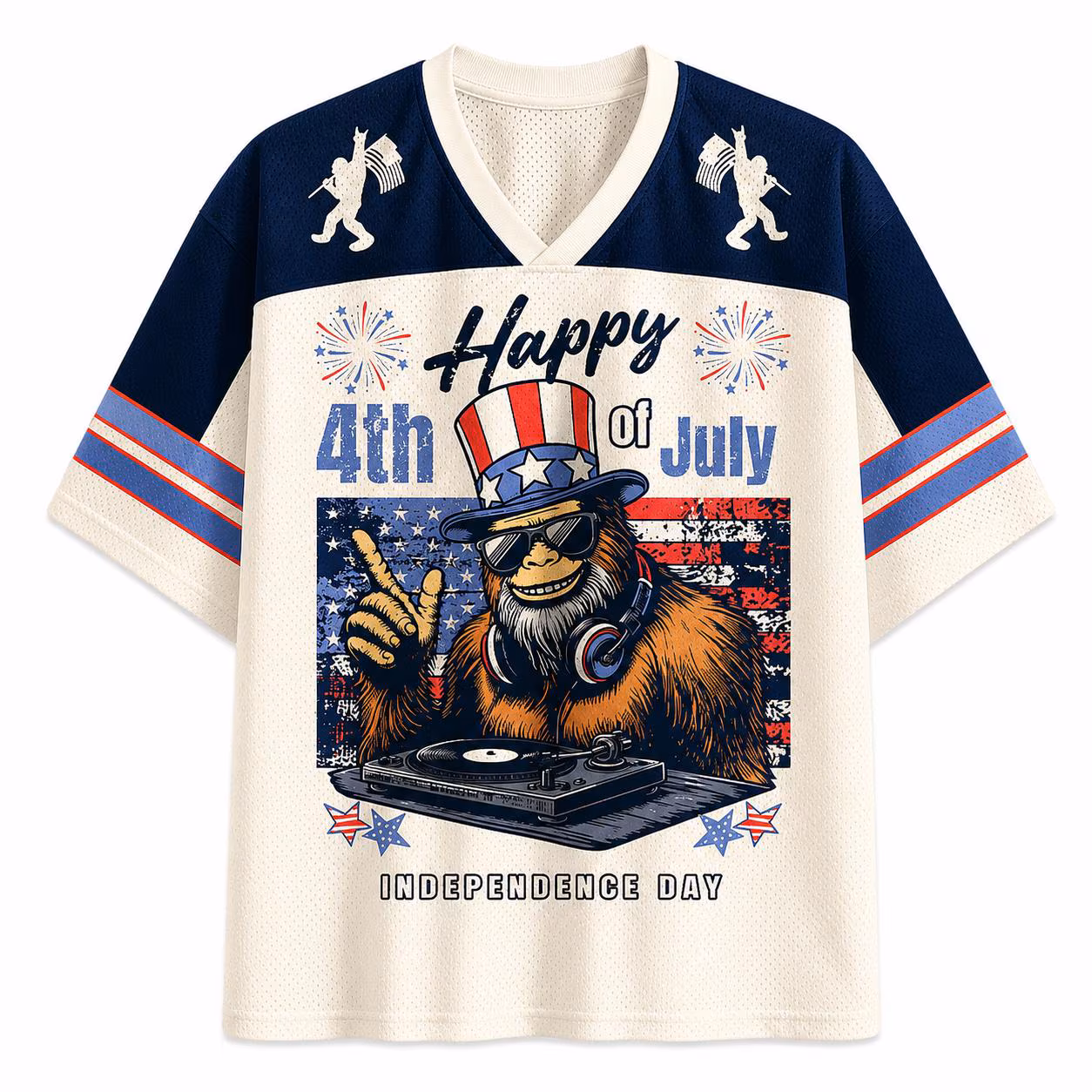 Happy 4th of July Bigfoot DJ Football Jersey, Funny Patriotic Sasquatch Independence Day Shirt, Retro USA Party Tee