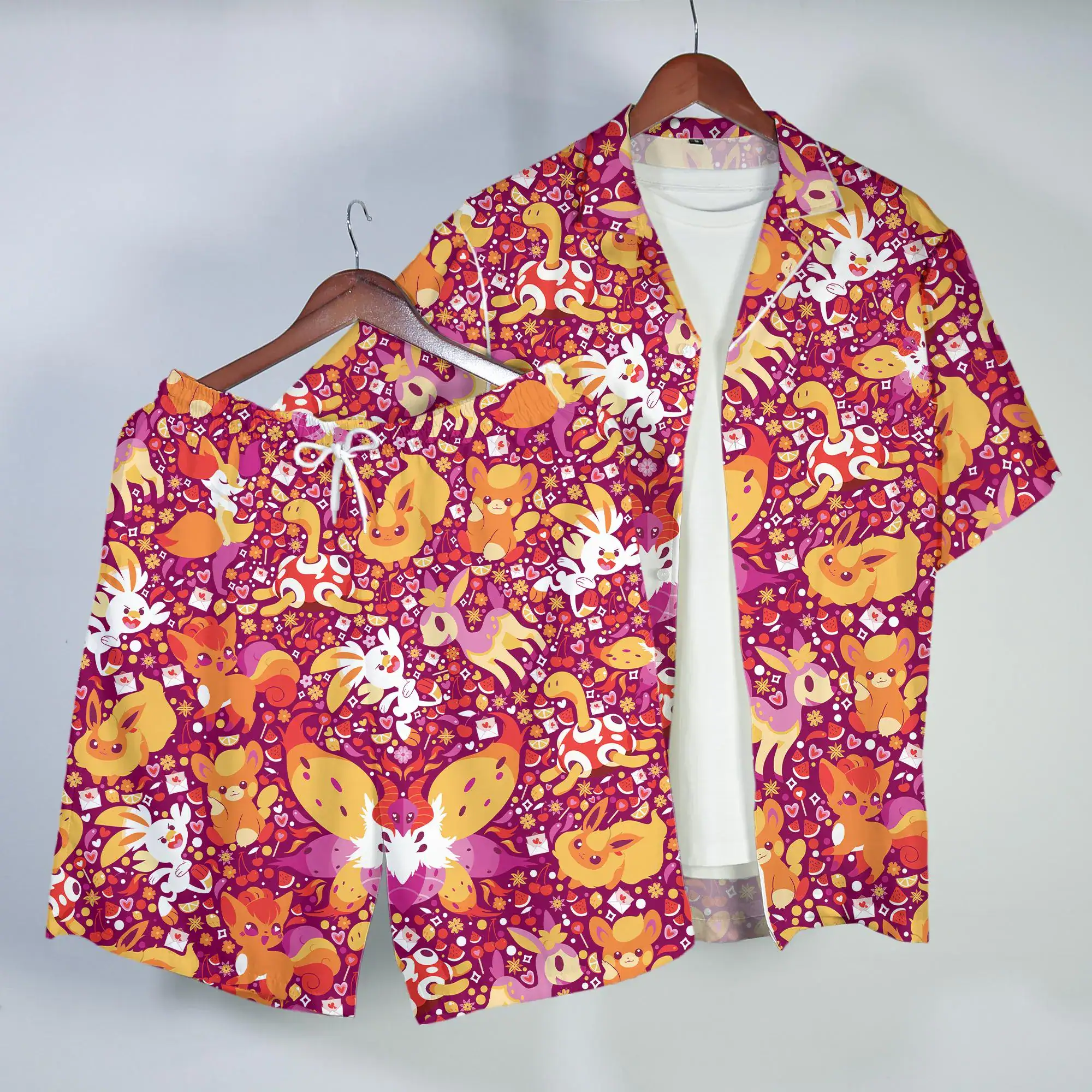Shuckle Vulpix Hawaiian Shirt Fire Fox Tropical Button Up Shirt Colorful Summer Beach Shorts Matching Set Unisex Outfit Shuckle Shirt Gifts