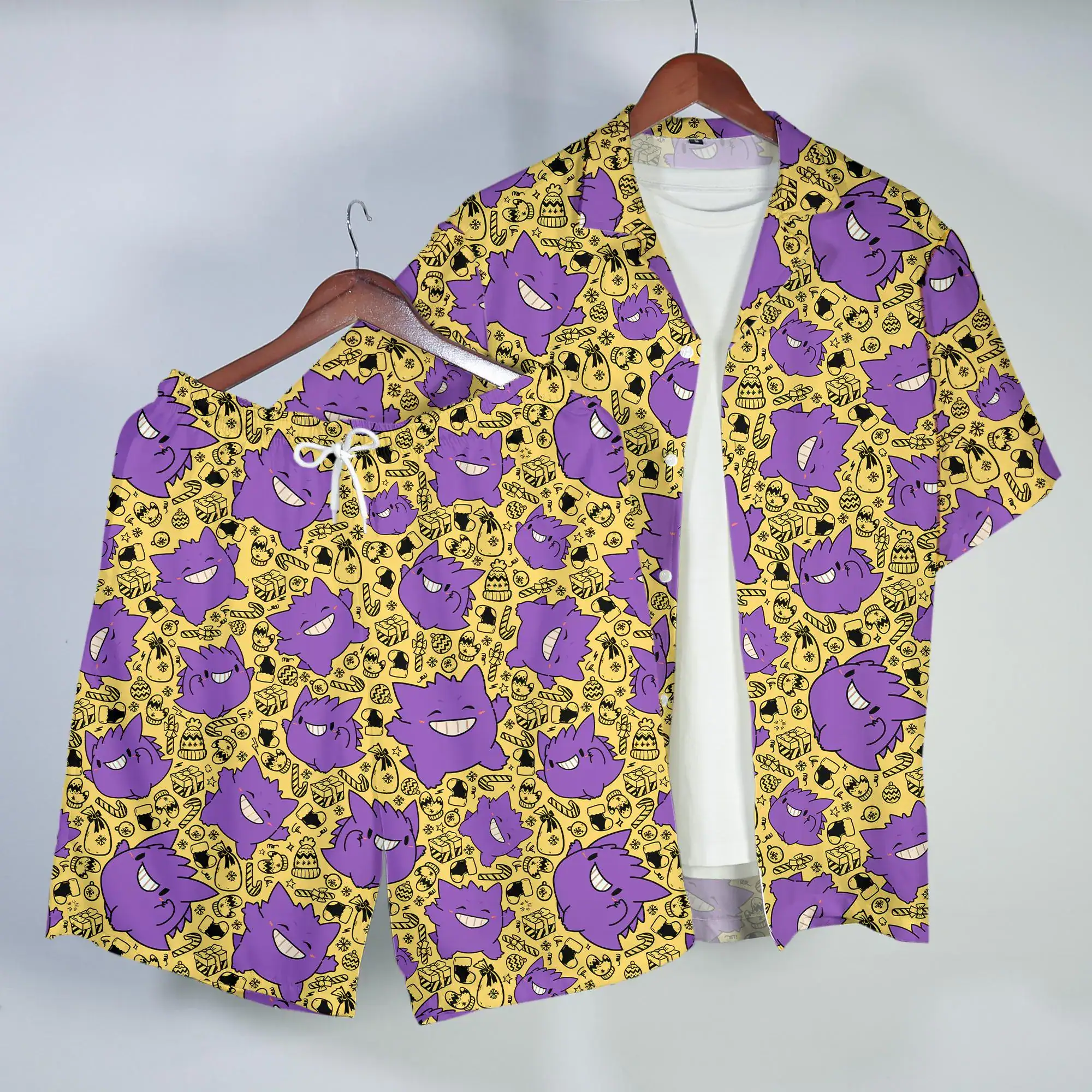Gengar Hawaiian Shirt Cute Ghost Tropical Button Up Shirt Funny Summer Beach Shorts Matching Set Unisex Outfit Gengar Shirt Gifts