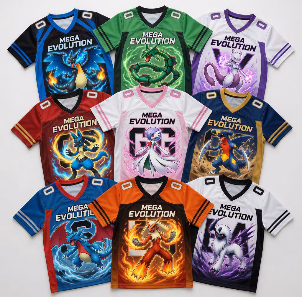 Anime PKM Monster Mega Evolution Jersey Shirt, Game Inspired Football Tee, Kids Gamer Birthday Gift, Custom Sports Fan Top