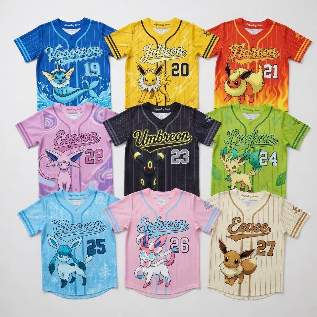 Anime PKM Evolution Baseball Jersey, Game Inspired Button Down Shirt, Kids Youth Sports Fan Jersey, Custom Gamer Gift
