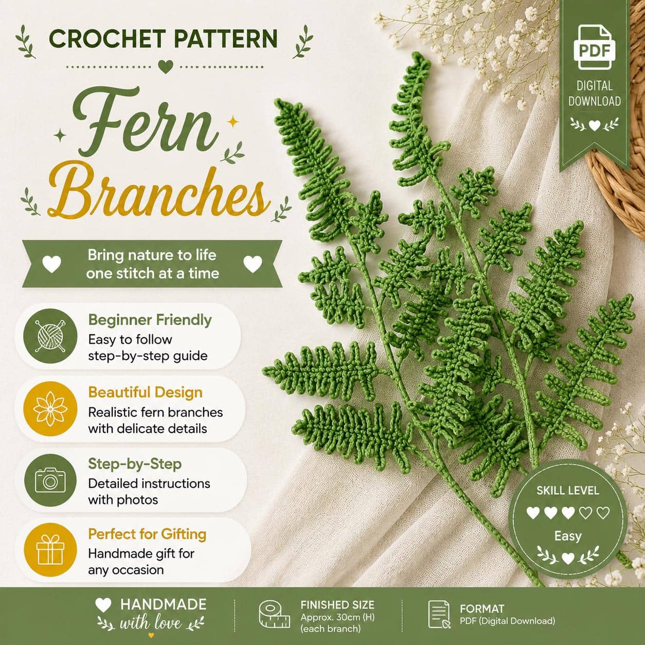 il_fullxfull.8128190780_qbrx.jpg Fern Branch Crochet Pattern PDF, Realistic Crochet Fern Leaves, Greenery Crochet Pattern, Botanical Home Decor, Bouquet Filler Flower Digital Download - Image 1