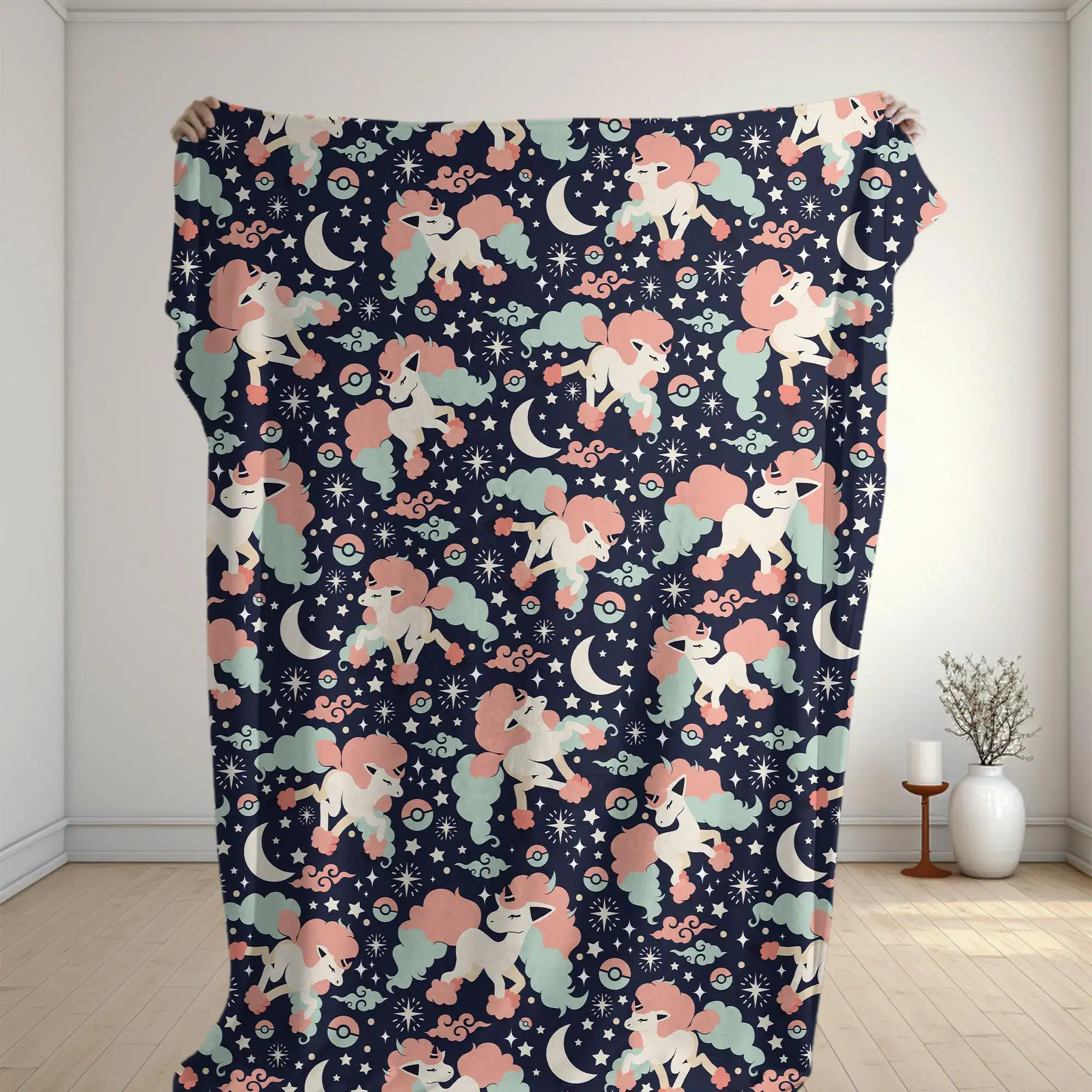 Galarian Ponyta Fleece Blanket Magical Unicorn Pattern Cozy Throw Blanket Cute Family Baby Blanket Christmas Home Decor Ponyta Blanket Gifts